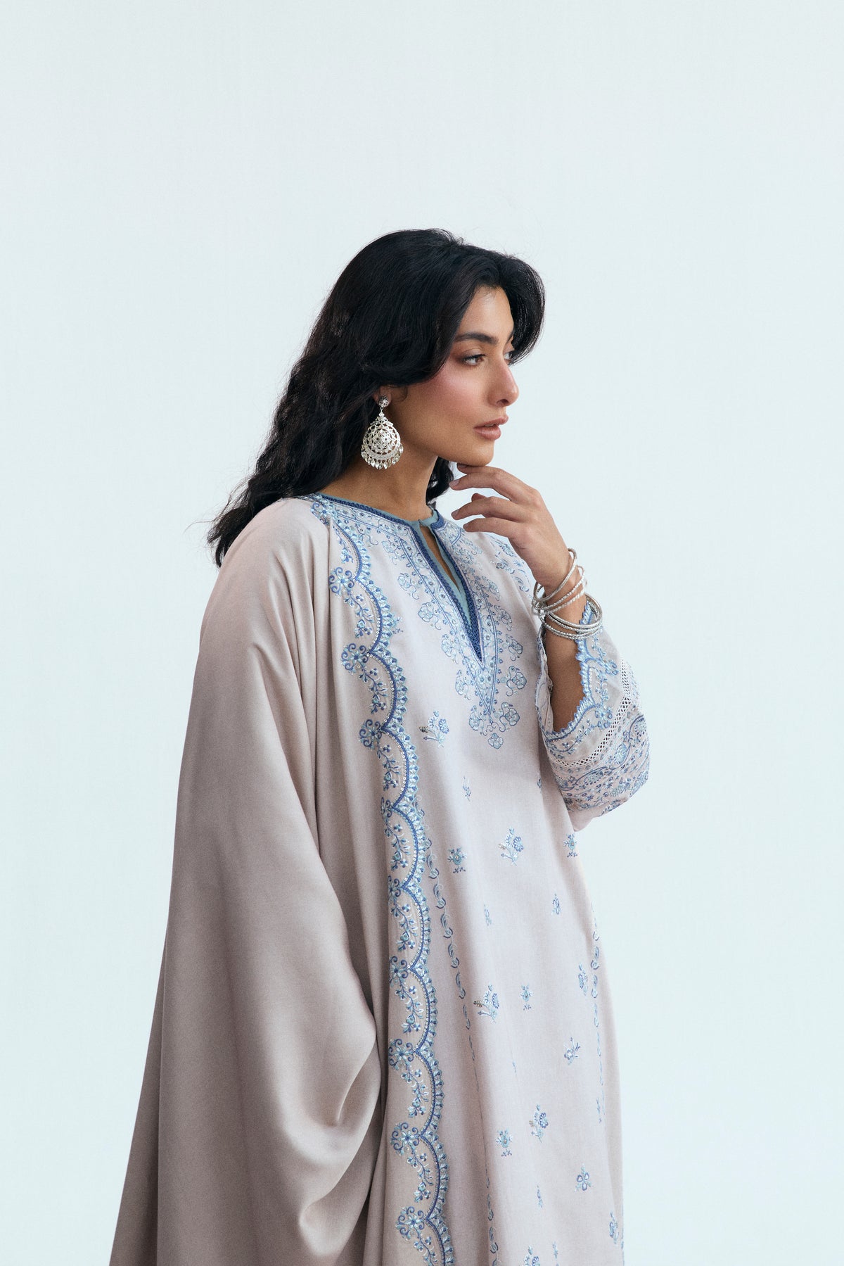 Winter Pakistani khaddar salwar kameez in creamy oat with scalloped embroidered shawl — traditional formal wear for women UK