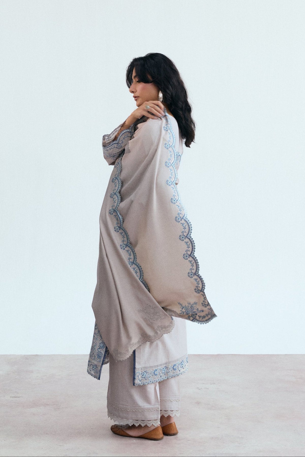 Khaddar oat Pakistani winter suit with all-over floral embroidery, boat neckline and embroidered floral shawl — designer pret UK