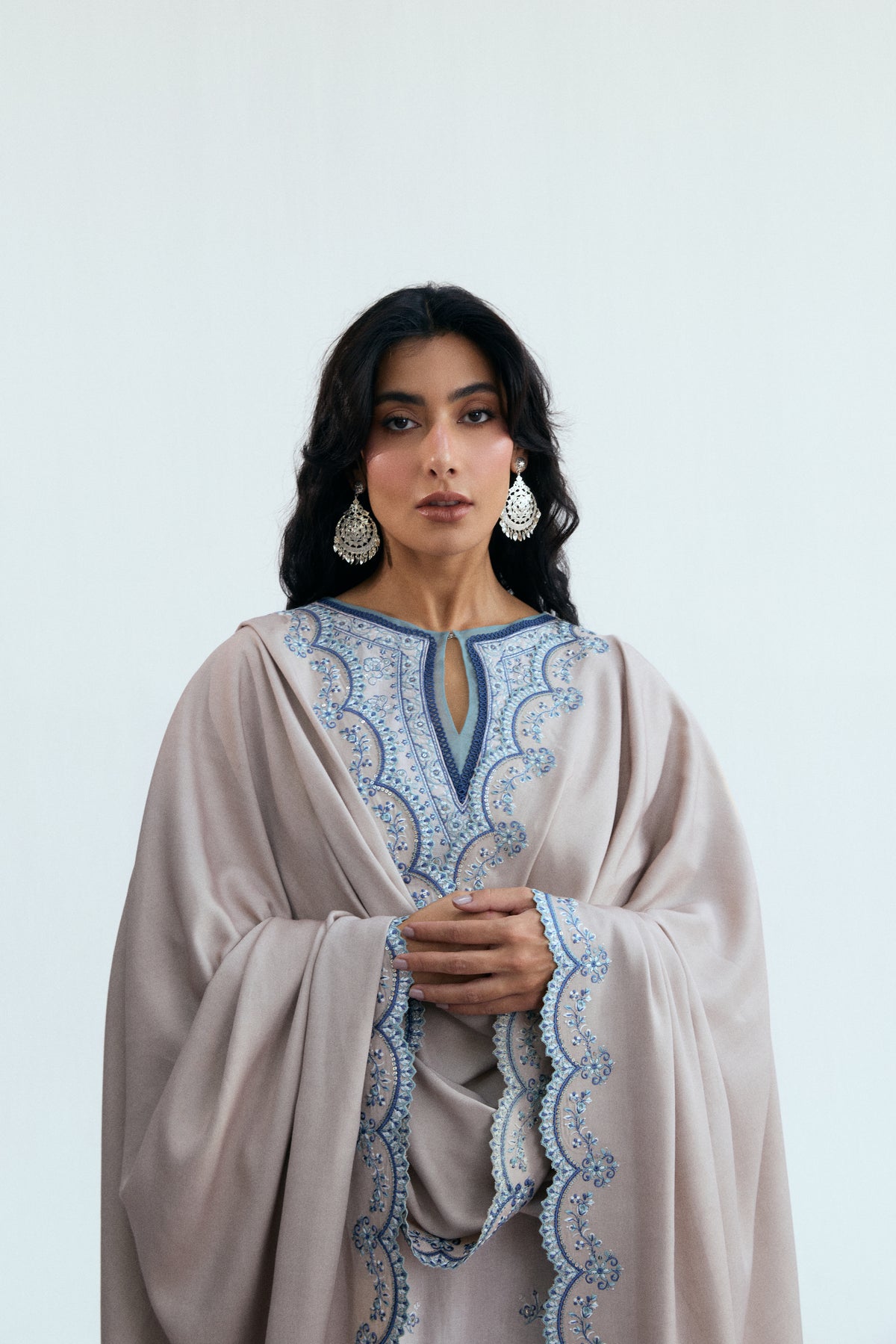 Mannam Gardenia khaddar kameez and trousers set with pleated trousers and four-corner embroidered floral shawl — South Asian winter dress