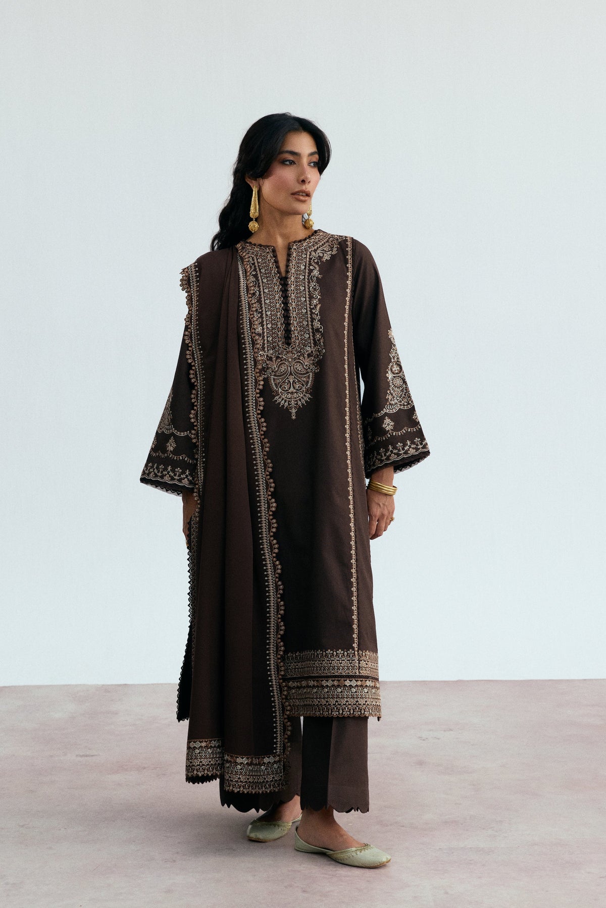 Cocoa Set - Deep Brown Khaddar Embroidered Kameez & Shawl