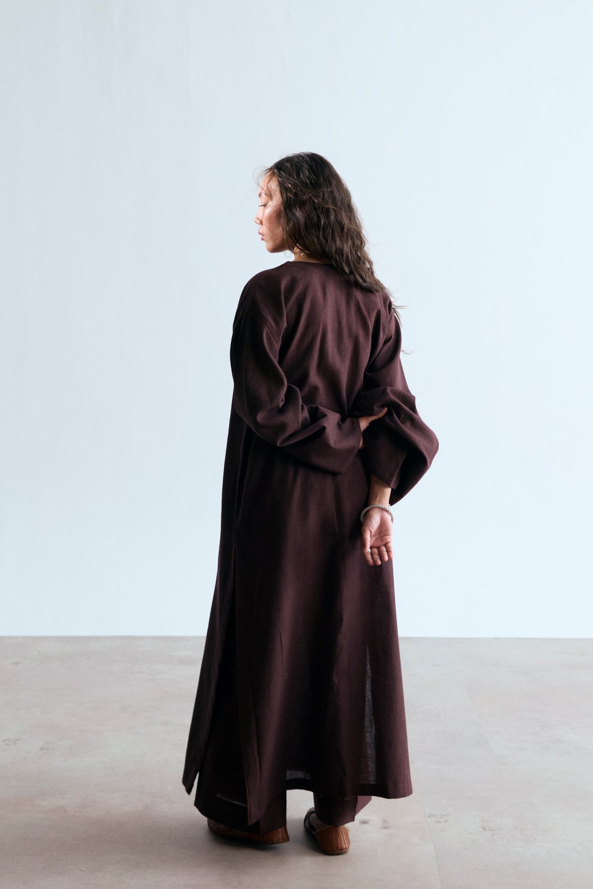 Chocolate Set — side silhouette of brown Pakistani linen-cotton two-piece set with wide sleeves | casual wear UK