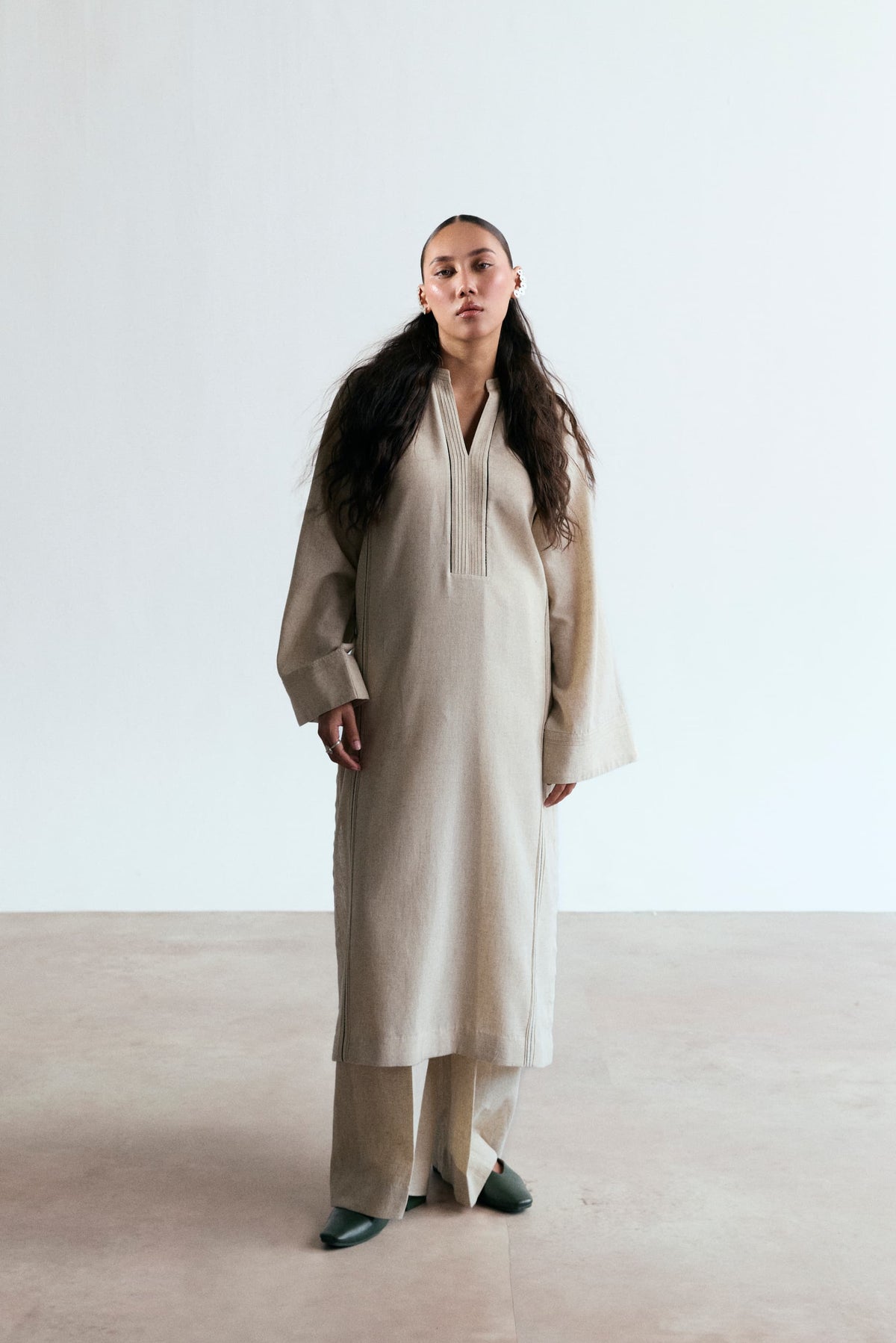 Oat beige Pakistani linen-cotton kurta with wide-hem sleeves and black lace inserts — designer casual everyday wear UK | Mannam