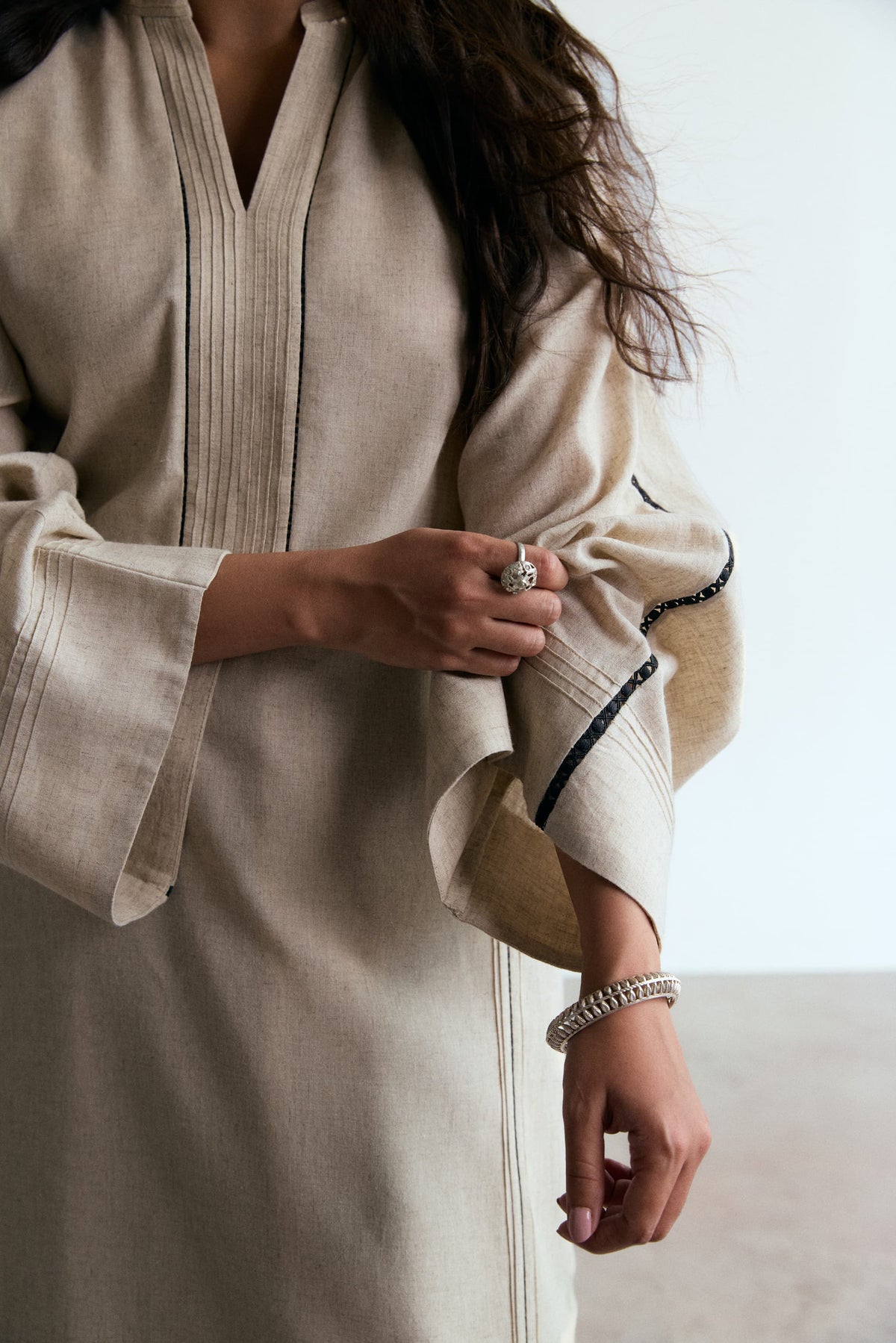Luxury Pakistani two-piece kurta set in oat beige linen-cotton — modern eastern fashion for women by Mannam UK