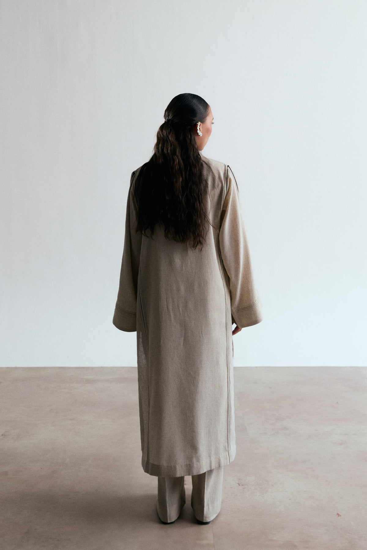 Pakistani minimalist designer kurta in oat beige linen-cotton — casual traditional outfit by Mannam UK for everyday wear