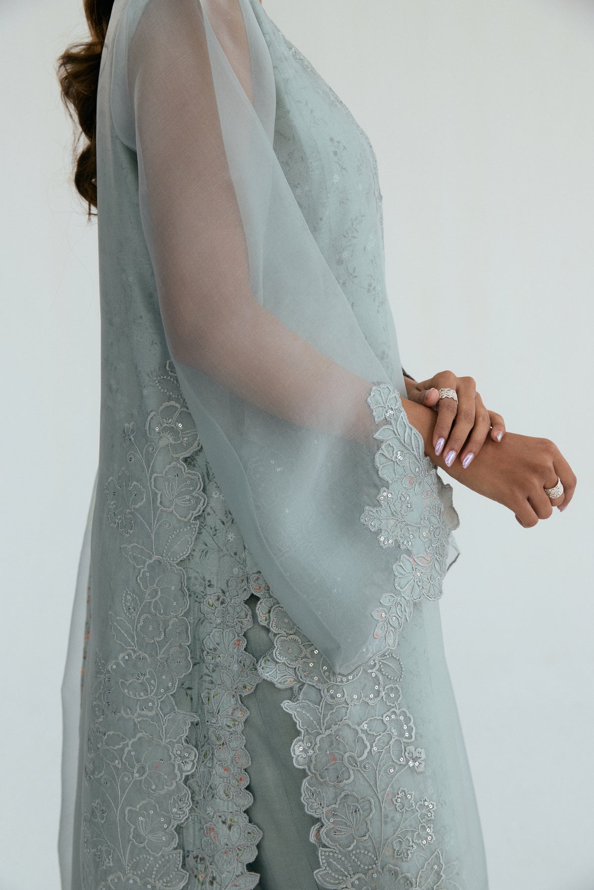 Haze Set — double-layered pastel organza suit with V-scalloped neckline and lace detail | Pakistani formal dress UK
