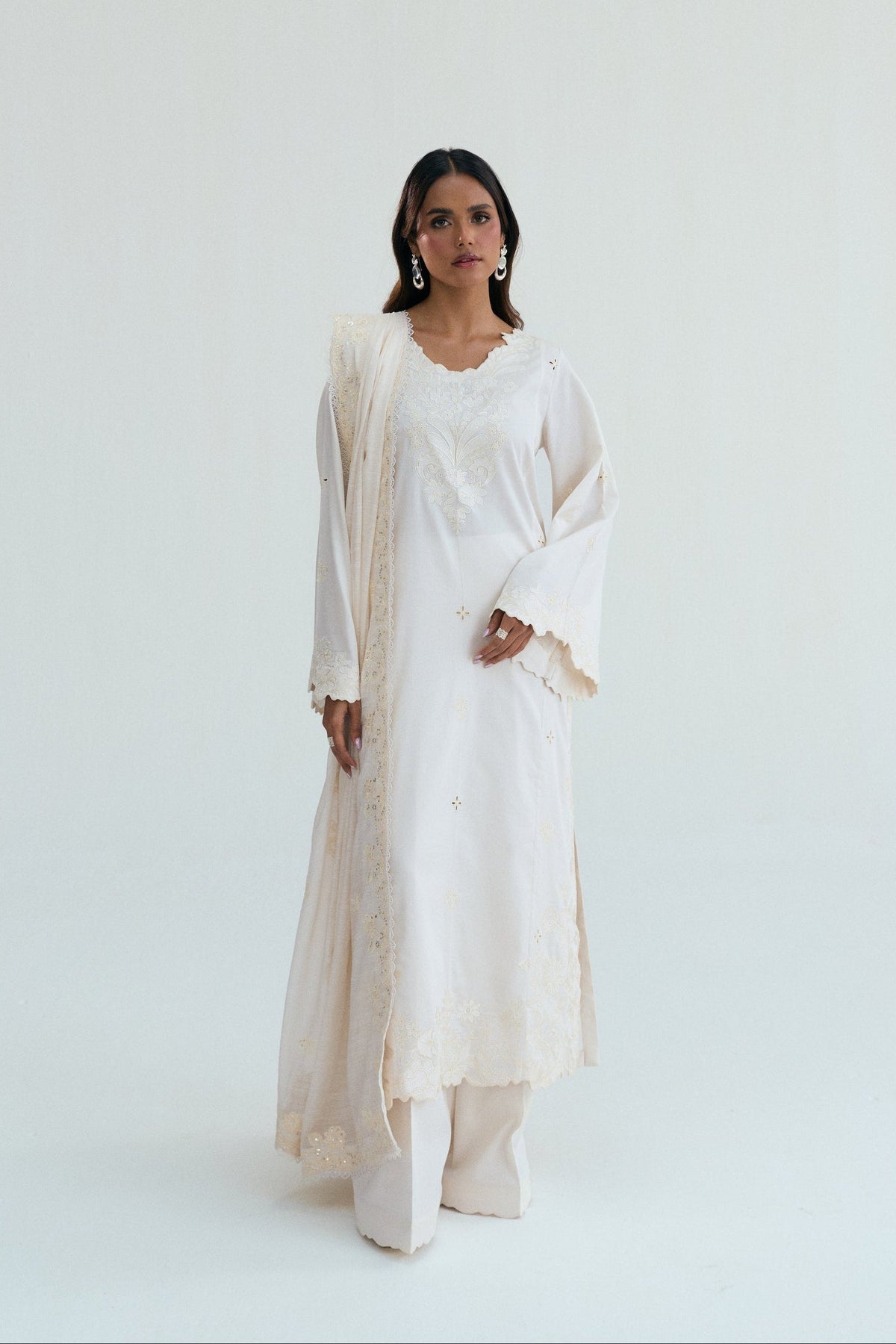 Mannam Moonstone ivory cotton Pakistani kameez with shiffli embroidery, scalloped detailing and pearl button keyhole back — three-piece Eid suit UK