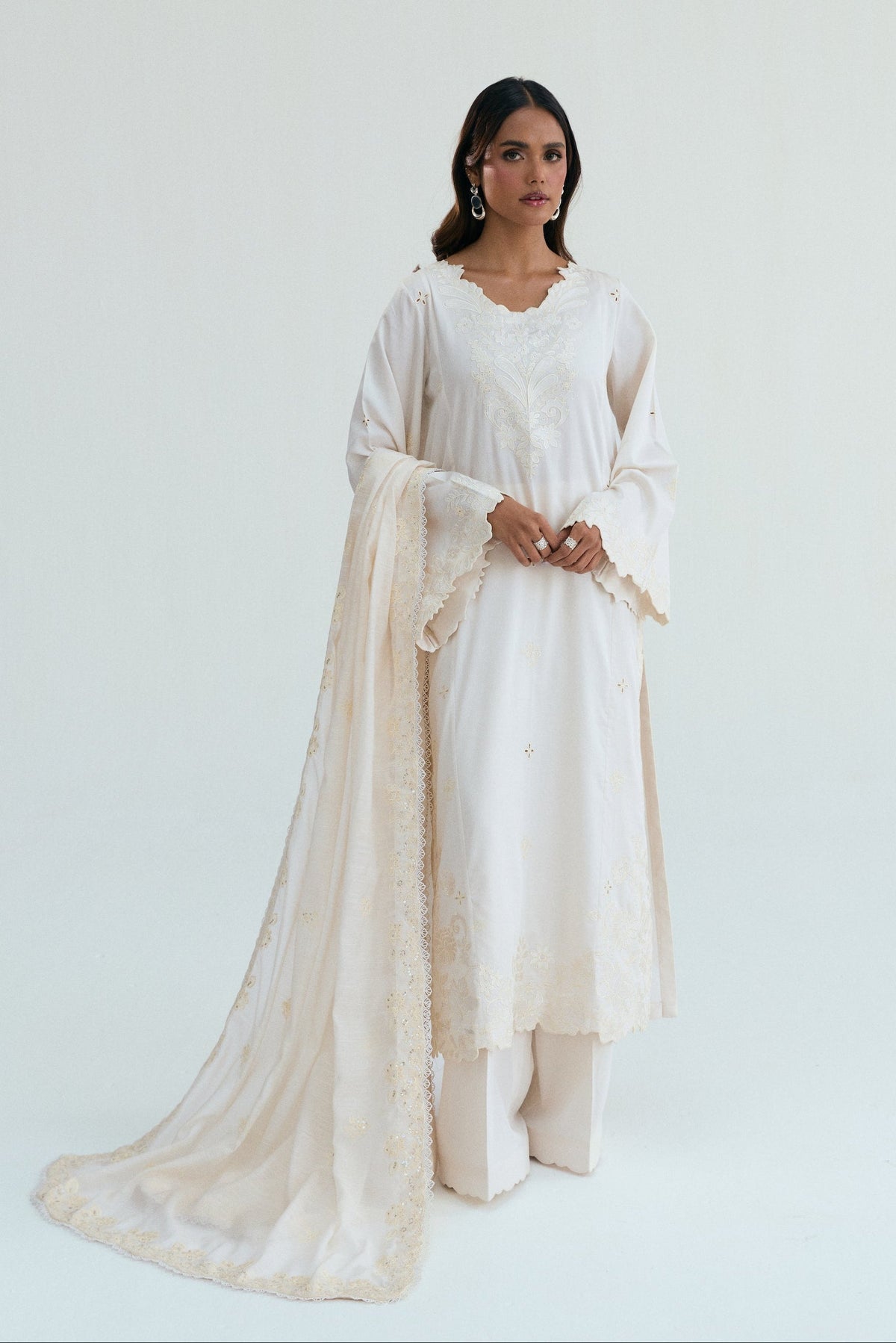 Luxury ivory three-piece Pakistani cotton suit with wide-leg trousers and sequin scalloped lace-edged nylon dupatta — Moonstone Set UK