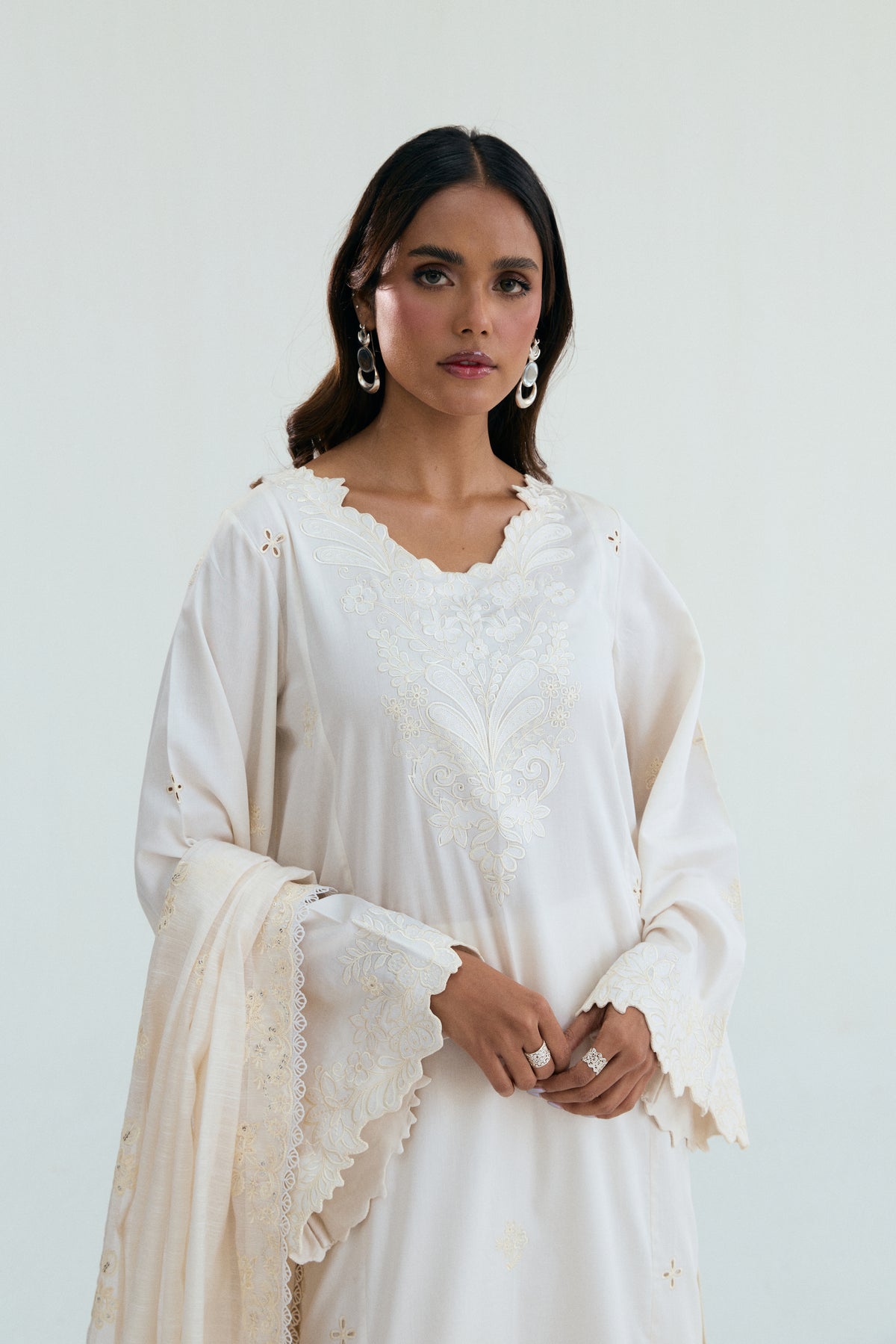 Moonstone ivory Pakistani formal wear with delicate shiffli embroidery and subtle pearl button keyhole back — cotton kameez UK