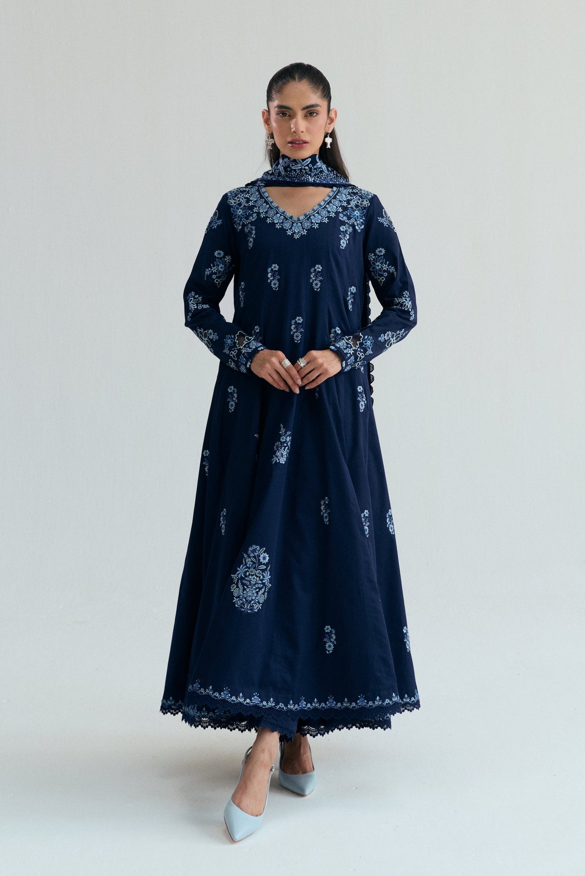 Designer Pakistani Kalidaar in sapphire blue Pima cotton with pencil trousers and sequin embroidered dupatta