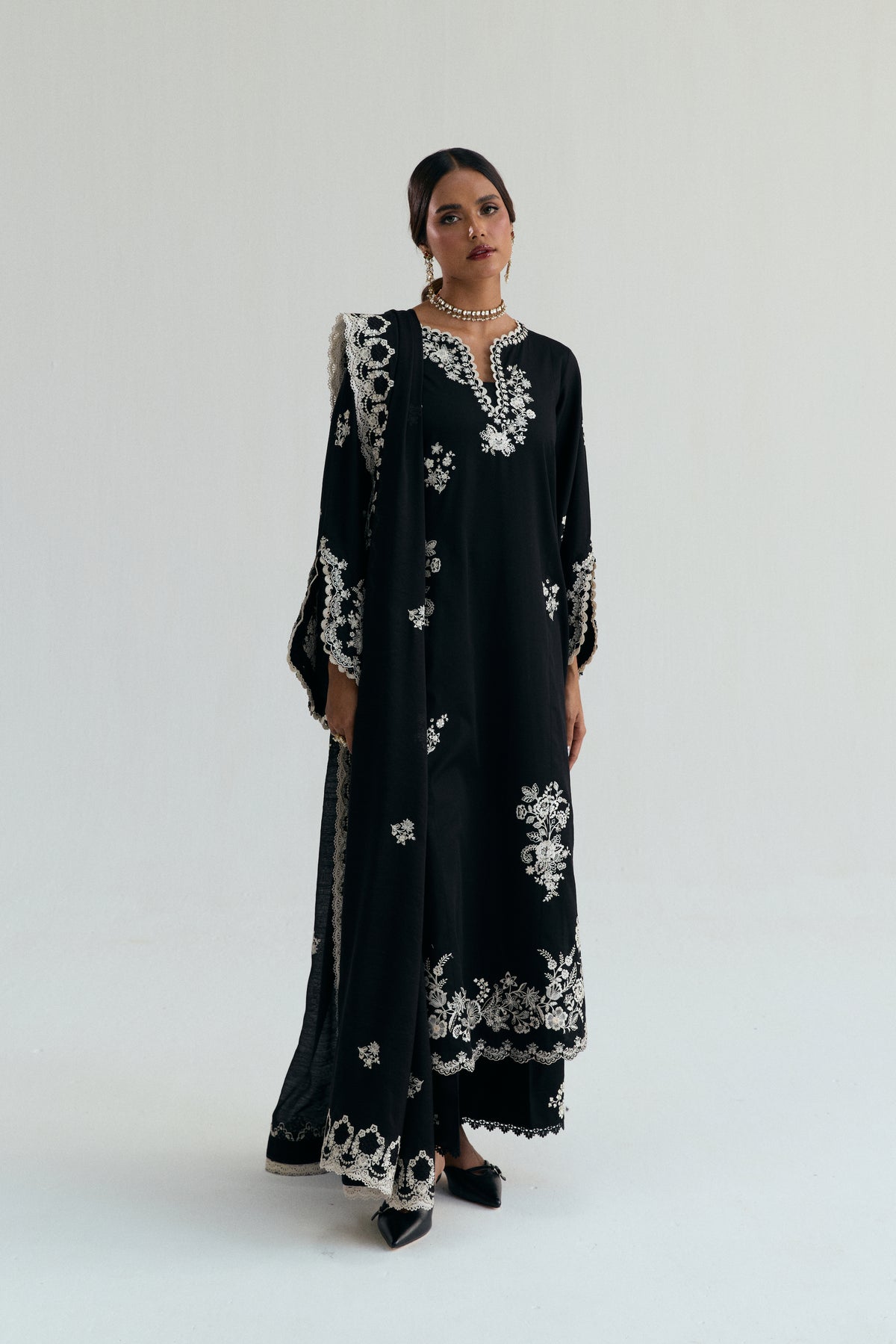 Mannam Luna Set — black cotton asymmetric Pakistani kameez with ivory scalloped embroidery, wide trousers and monochrome dupatta UK