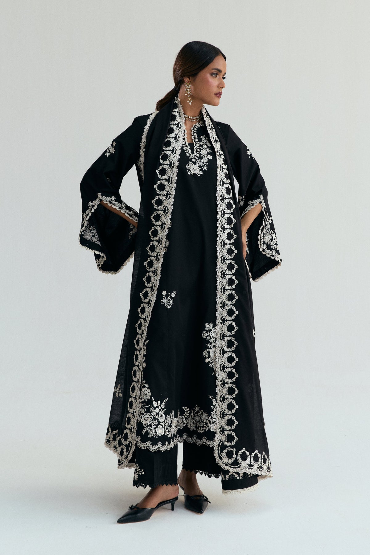Luna Set — full look black cotton Pakistani suit with ivory embroidered dupatta and wide-hem trousers UK