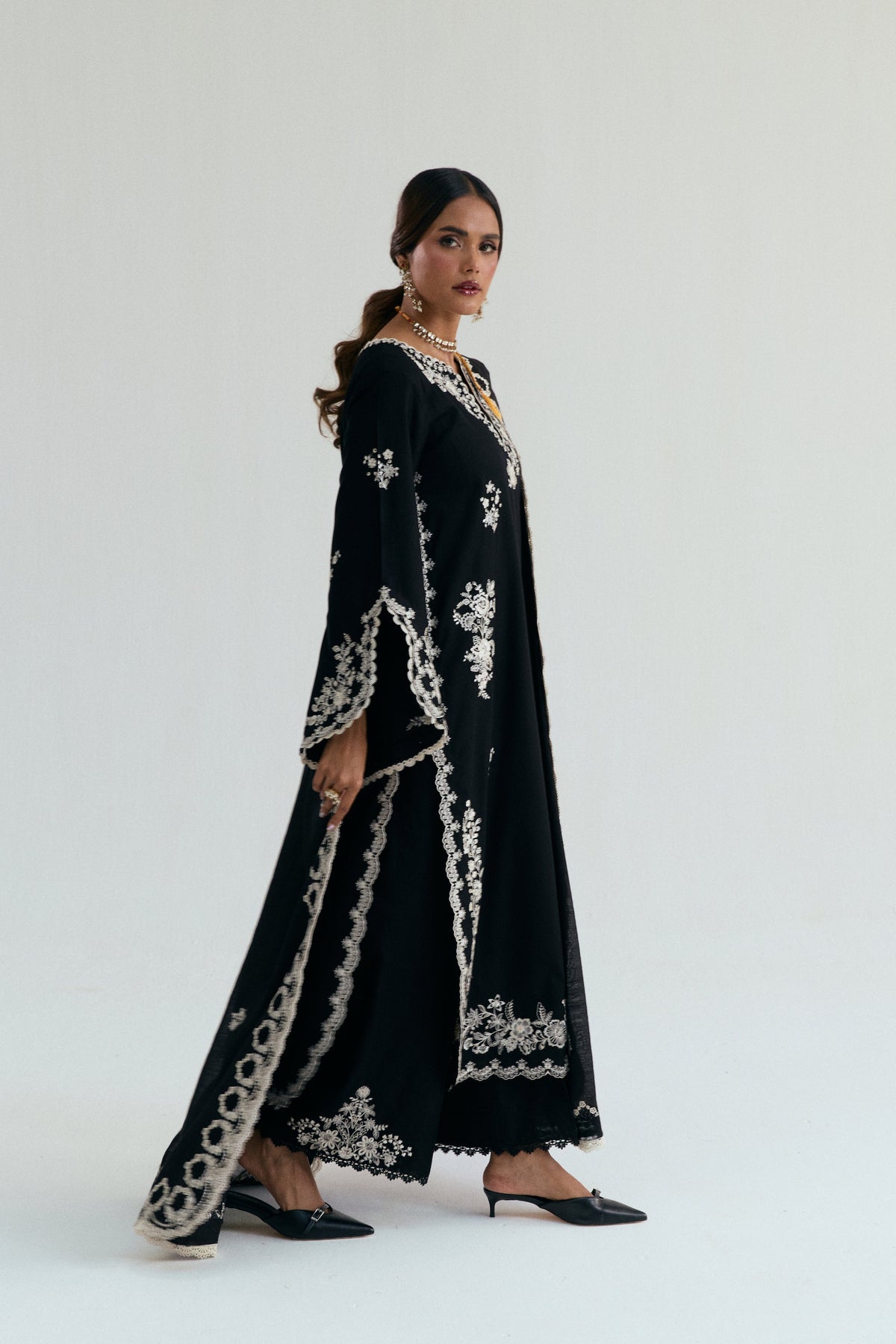 Luna Set — long black cotton Pakistani kameez with lace-detailed wide slit sleeves and embroidered wide-leg trousers UK