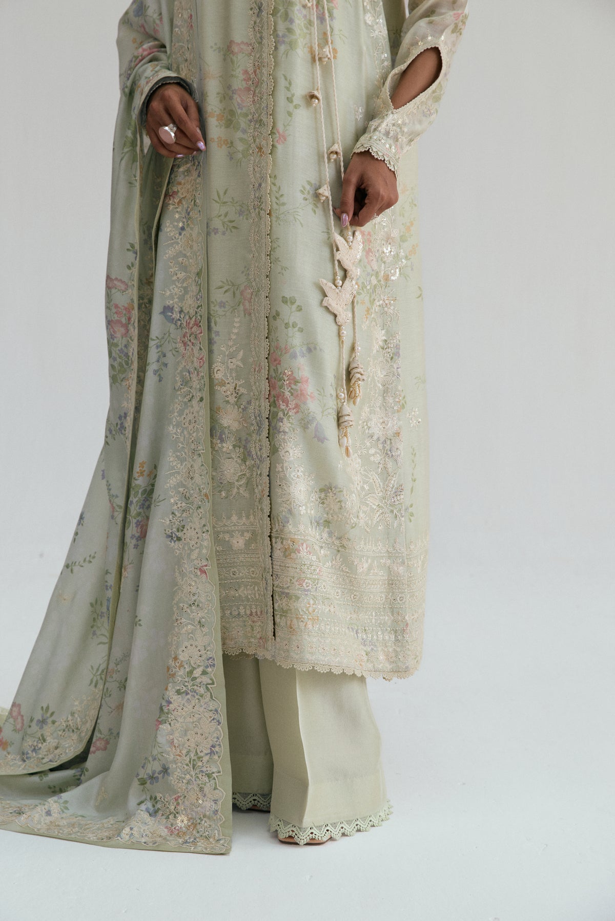 Raw silk wide-leg trousers with lace finish, part of the Primrose luxury Pakistani 3-piece suit