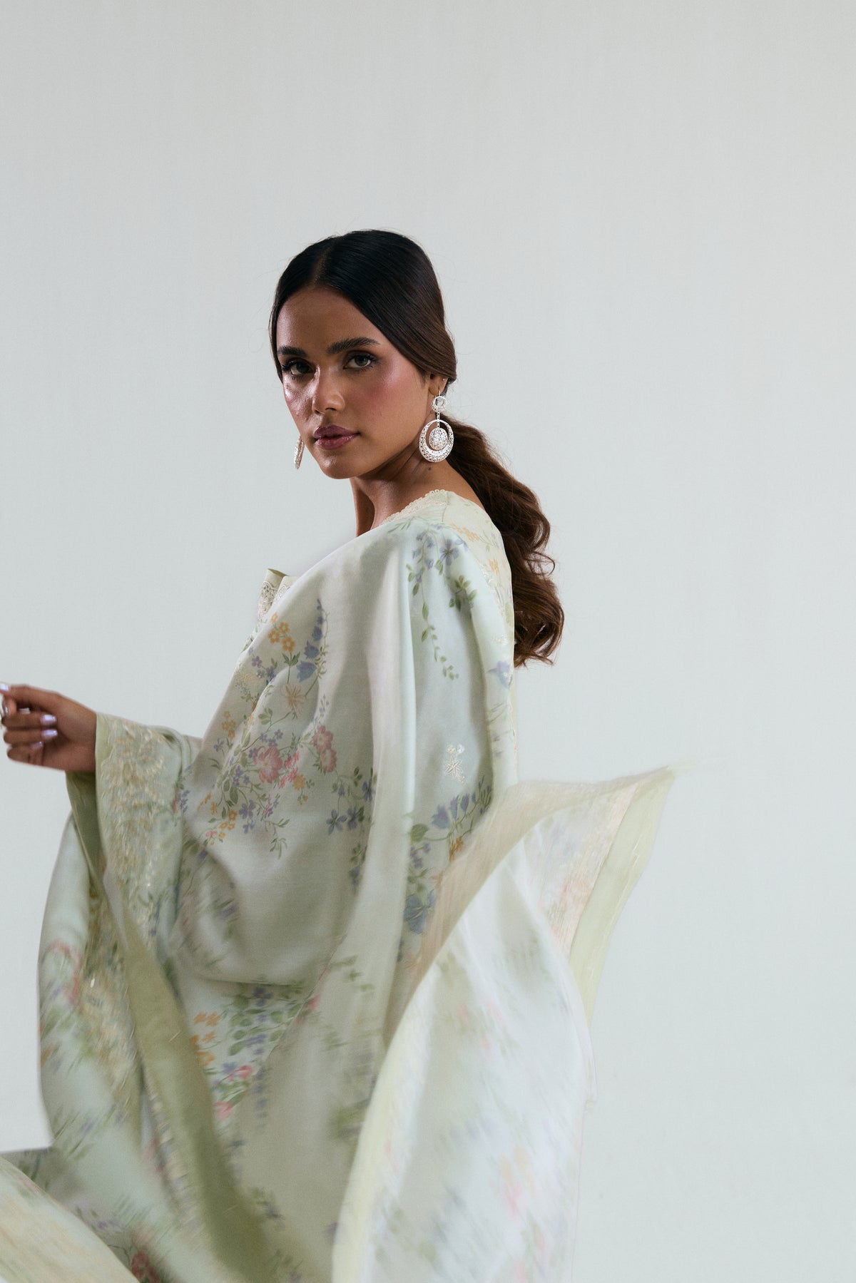 Flat-lay of the Primrose 3-piece Pakistani suit — angrakha kameez, raw silk trousers, and embroidered dupatta