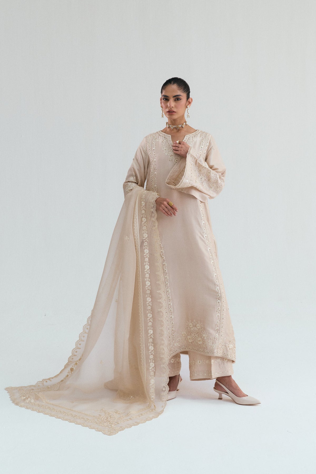 Pure silk long kameez in honey gold with scalloped organza dupatta, elegant bridal formal wear UK