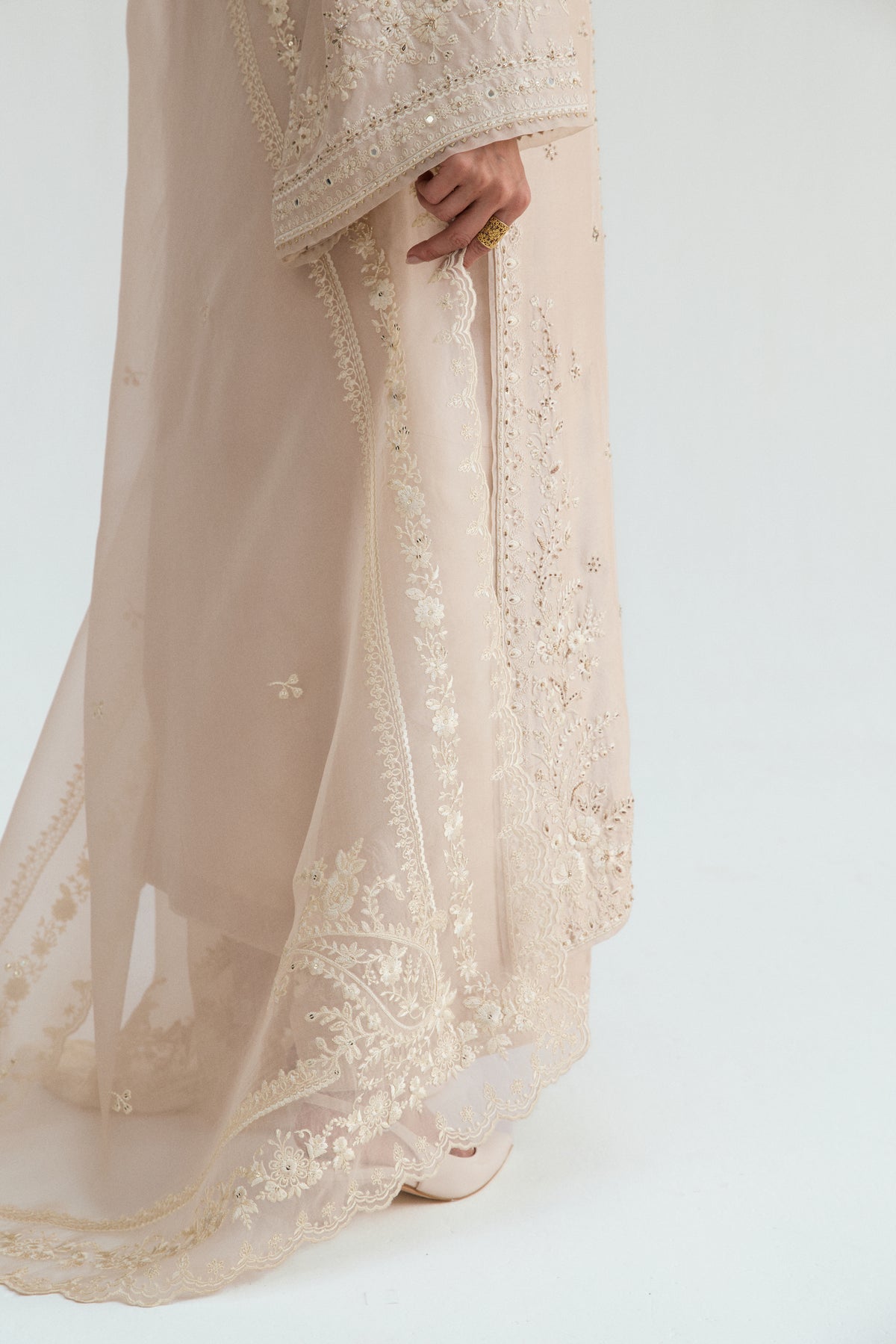 View of embellished silk kameez with mirror and hand embroidery detailing, luxury Pakistani formal wear