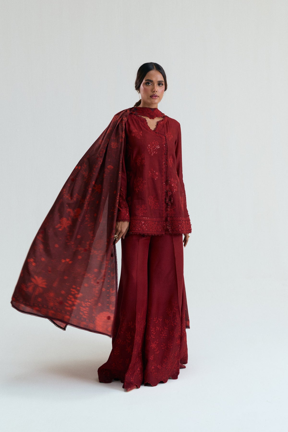 Luxury deep red Pakistani angrakha three-piece suit online UK — Cherry Set by Mannam with schiffli embroidery