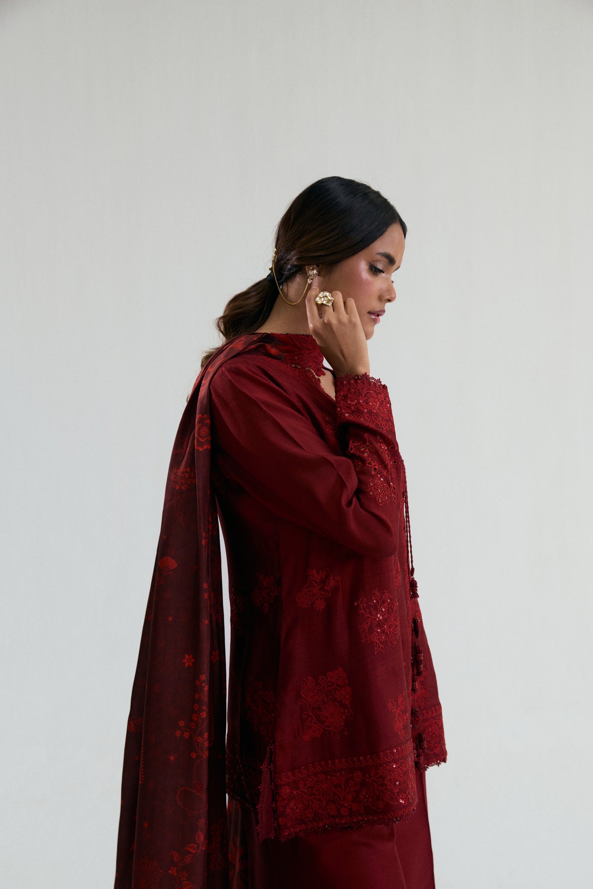 Ready-to-wear deep red raw silk embroidered Pakistani angrakha dress — Cherry Set with Aari-inspired detailing