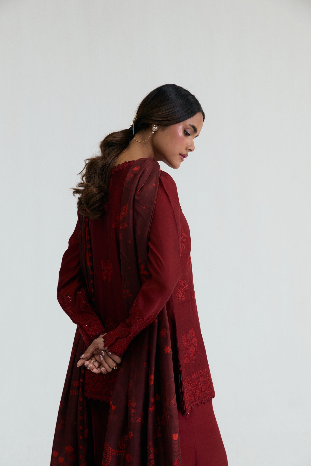 Mannam Cherry Set — deep red Pakistani angrakha raw silk suit with tassel slit detail and embroidered choker dupatta