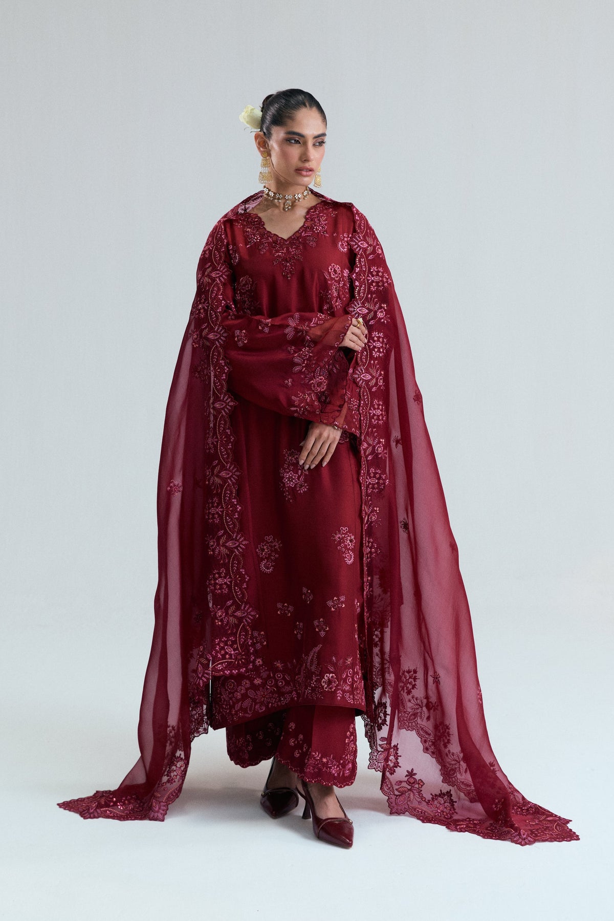 Mannam Cranberry Set — maroon raw silk long kameez with floral threadwork, sequins, beads and metallic embroidery, Pakistani wedding suit UK