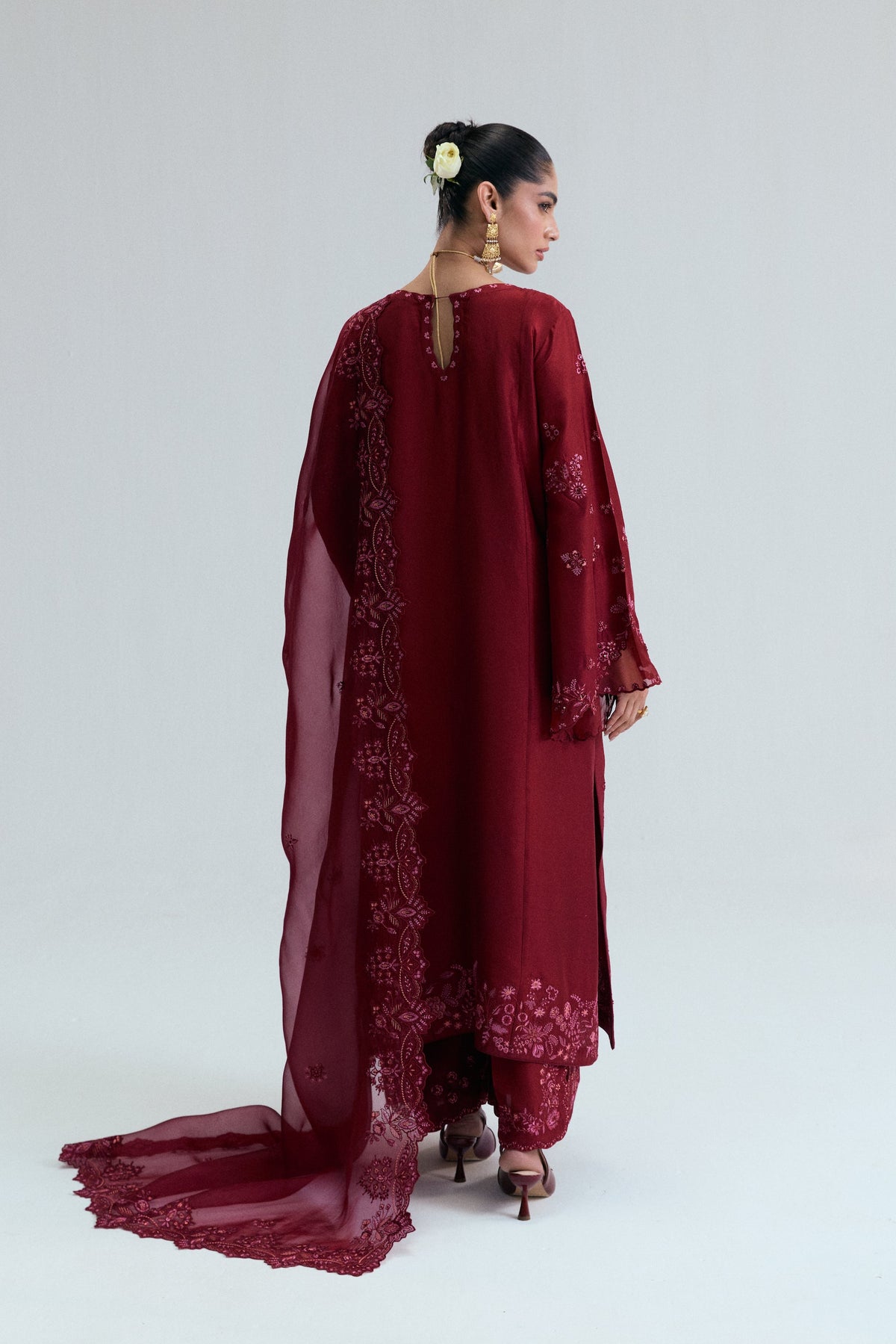Maroon Pakistani formal dress with sequin and bead embroidery — South Asian designer wear for weddings by Mannam
