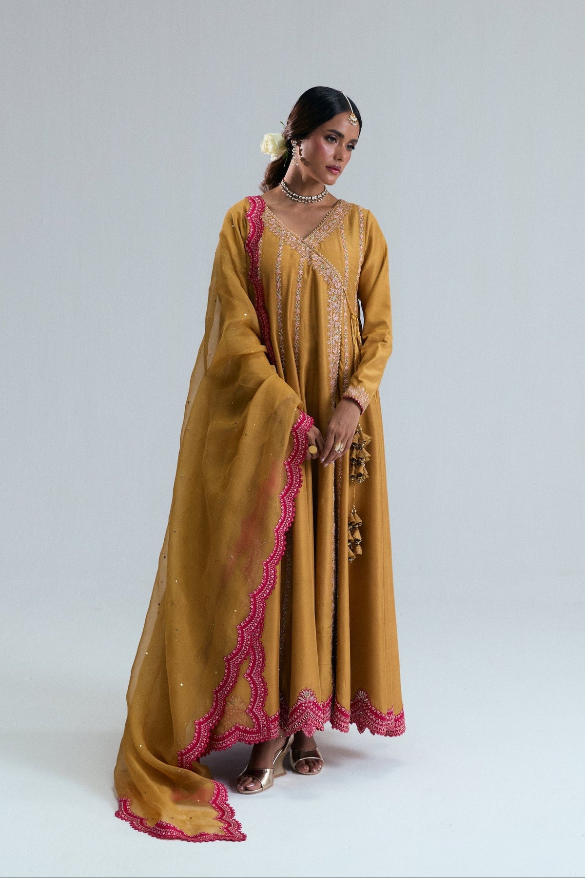 Luxury raw silk angrakha kalidaar Pakistani wedding outfit with organza dupatta