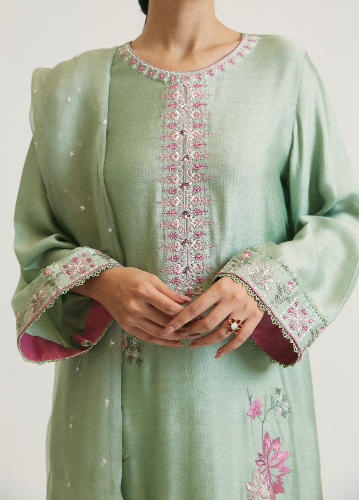 designer embroidered kurta set with scalloped trousers traditional wear