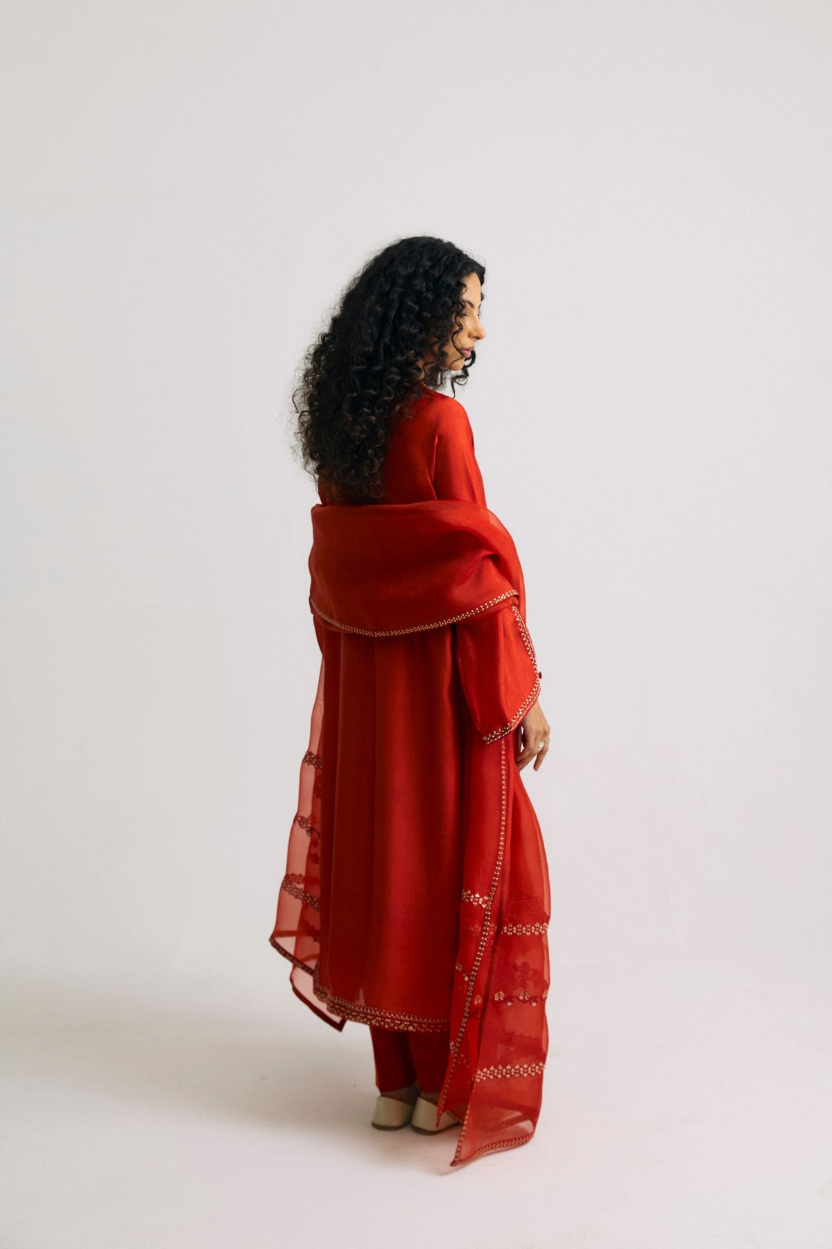 Flame Set full look — orange silk kameez with cut-out sleeves and organza dupatta