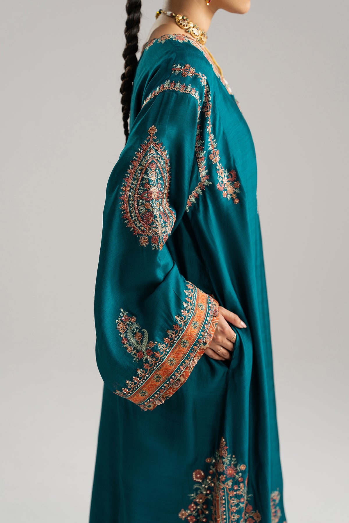 Designer teal blue Pakistani phiran with Kashmiri embroidery and tassel sleeve finishings — Afroz Set Mannam UK