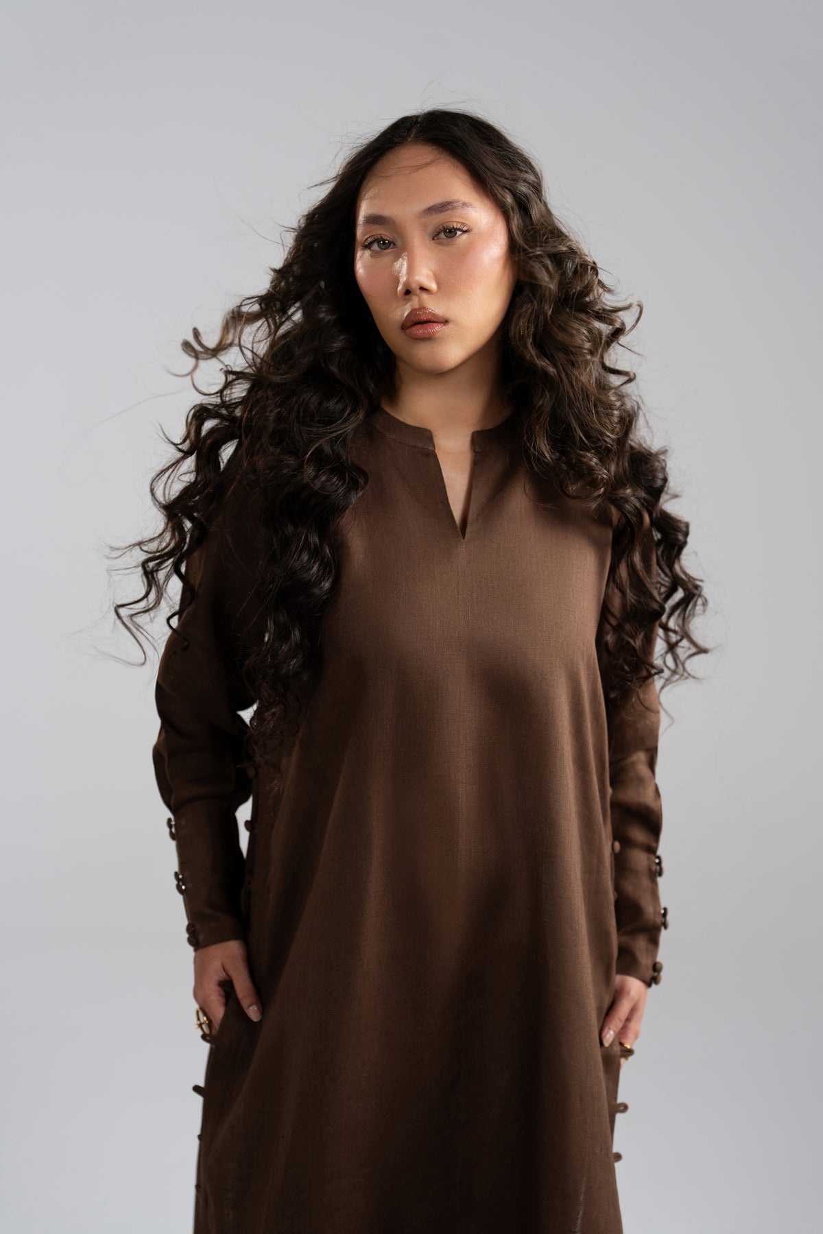 Close-up of Mocha Set V-neckline, chocolate brown kameez