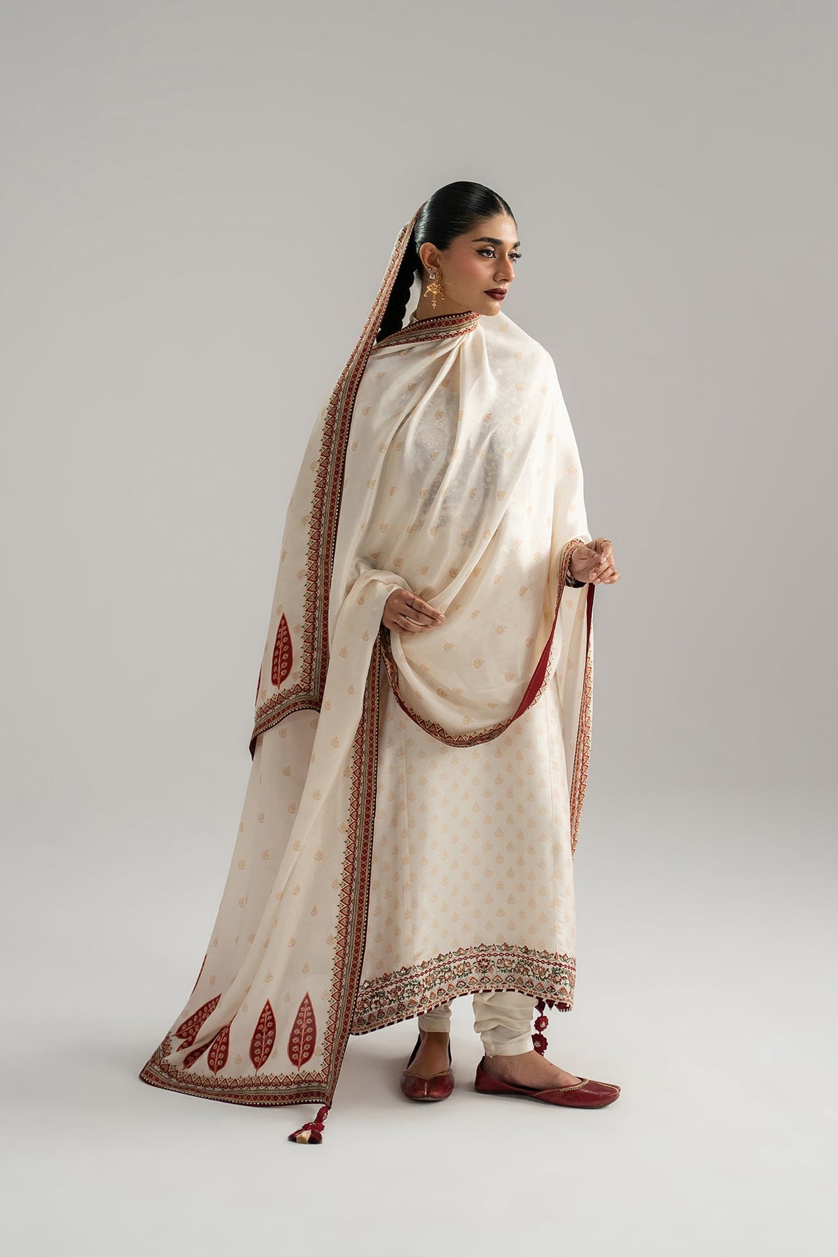 Mannam Dove Set front view — ivory printed kameez with red neckline and buttons | Pakistani