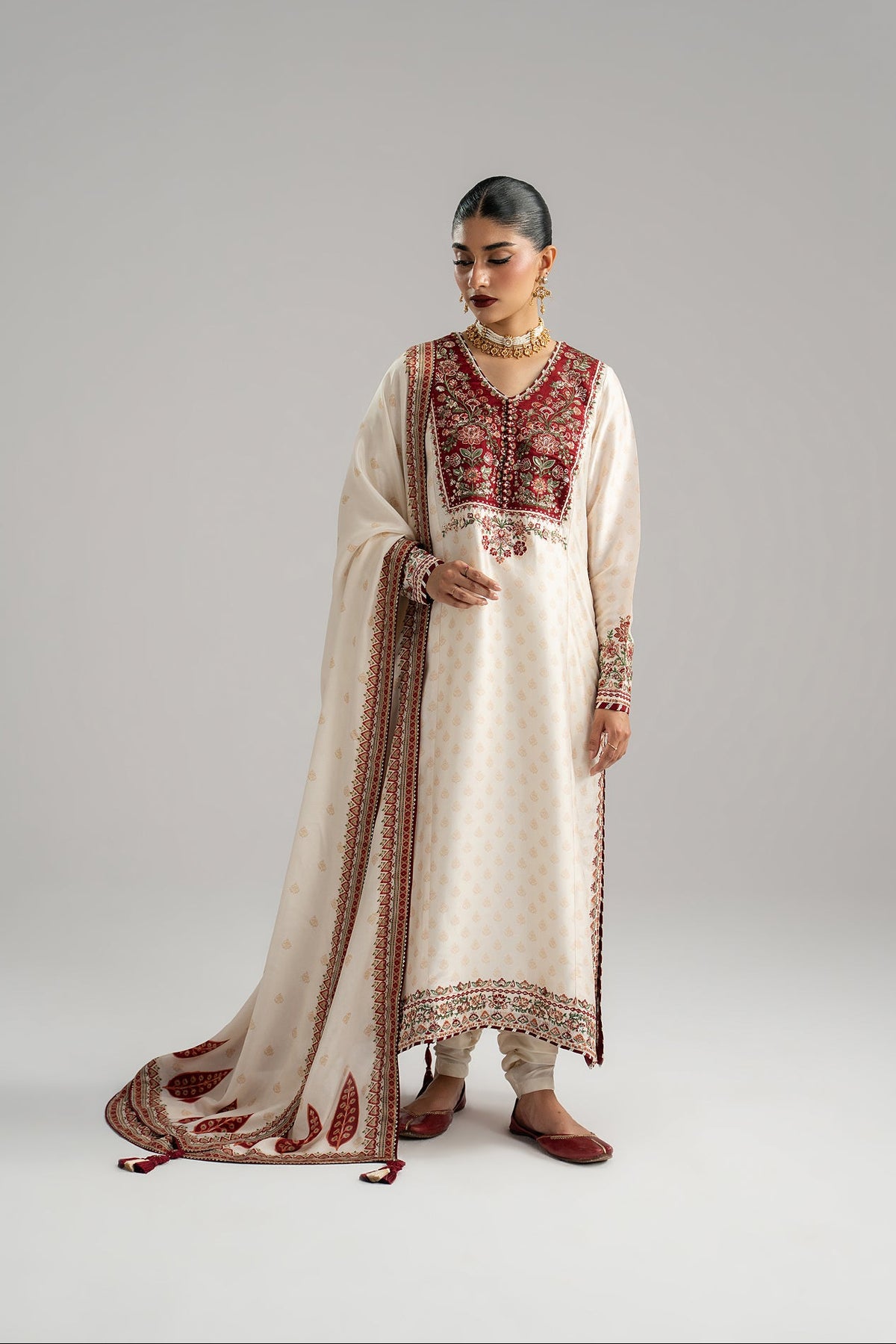 Dove Set — Ivory Printed Pakistani Kameez with Red Applique