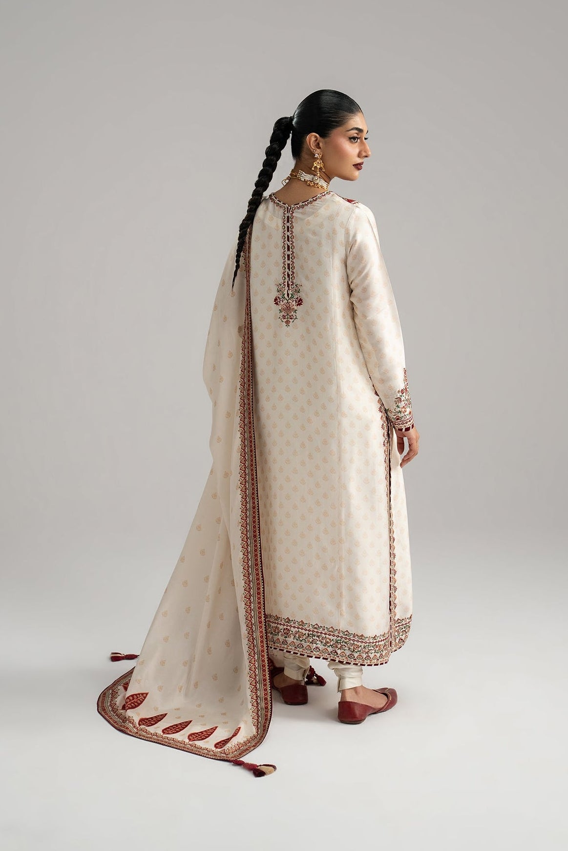 Dove Set worn — ivory Pakistani kameez with churidaar and printed silk dupatta
