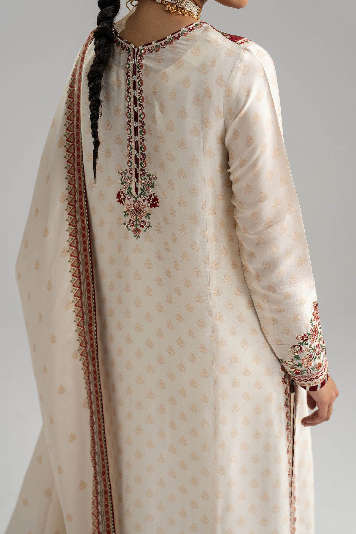Ivory kameez embroidered button detail — contrast maroon facing on Dove Set