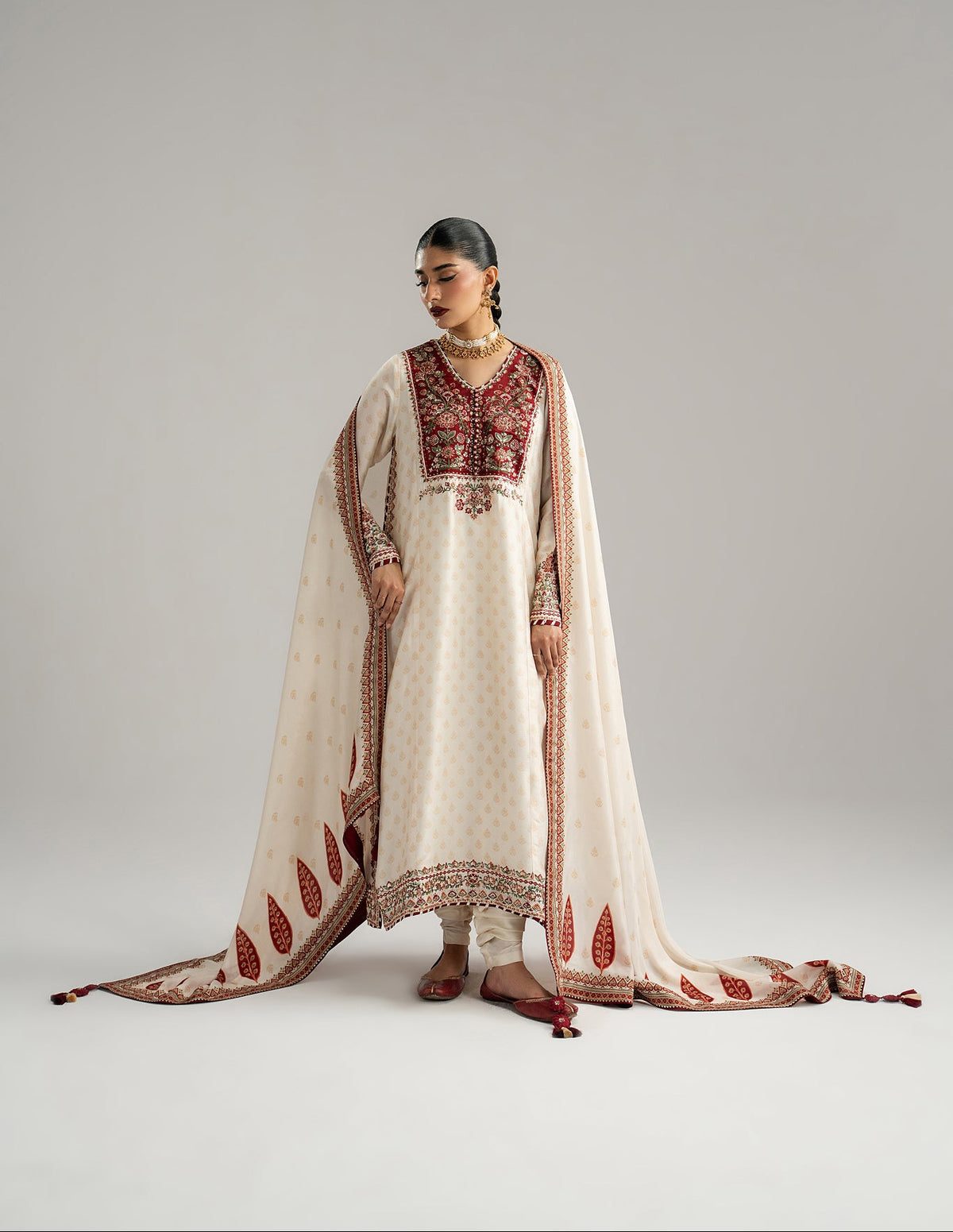 Mannam Dove Set styled — ivory with red accents for Pakistani Eid fashion