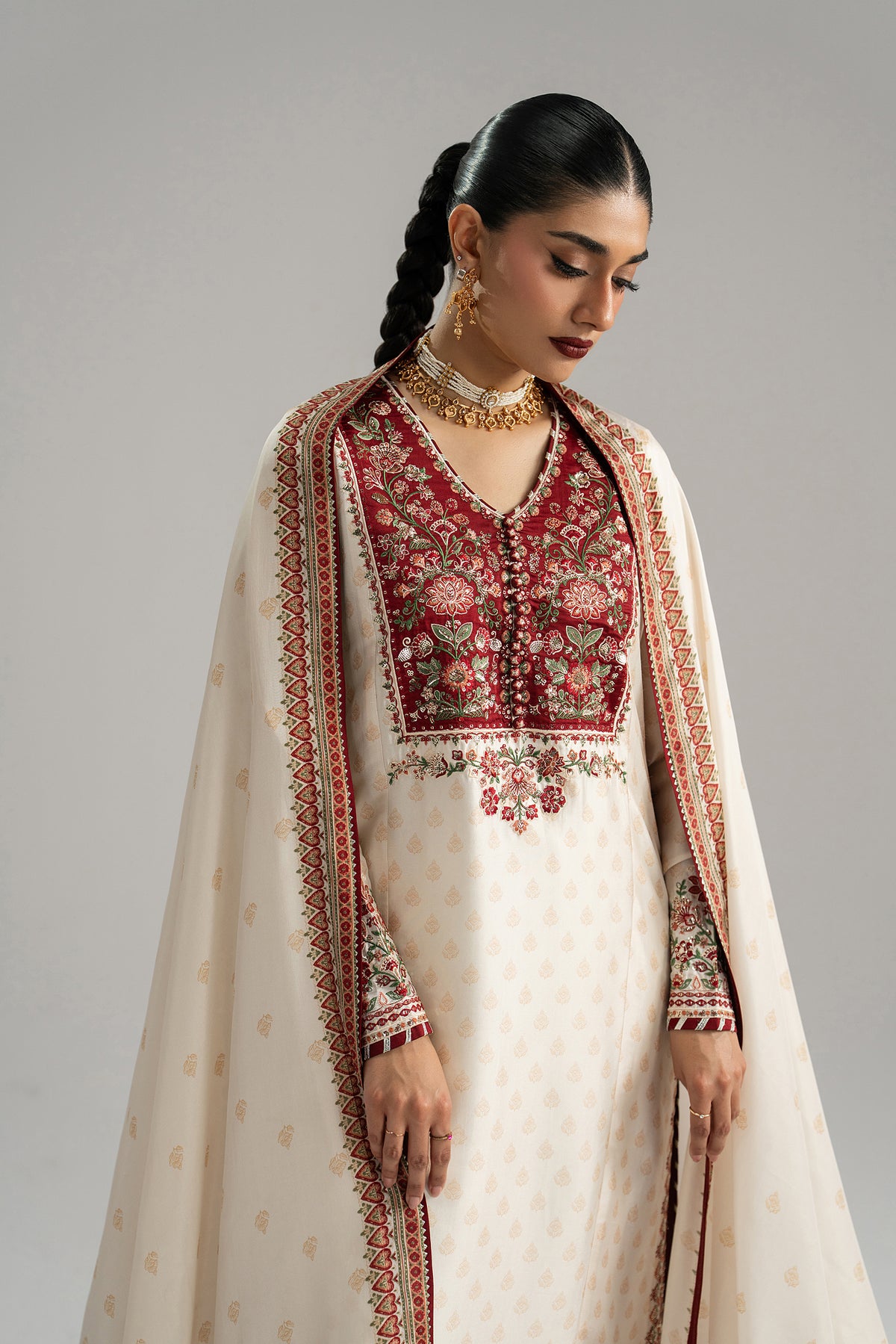 Ivory printed long kameez with red applique neckline — resham embroidery and chatta patti