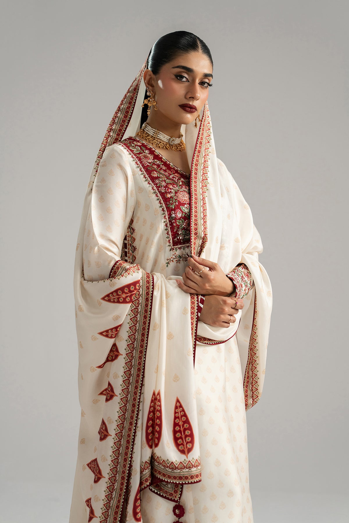 Dove Set churidaar view — ivory printed churidaar trousers with goti dupatta