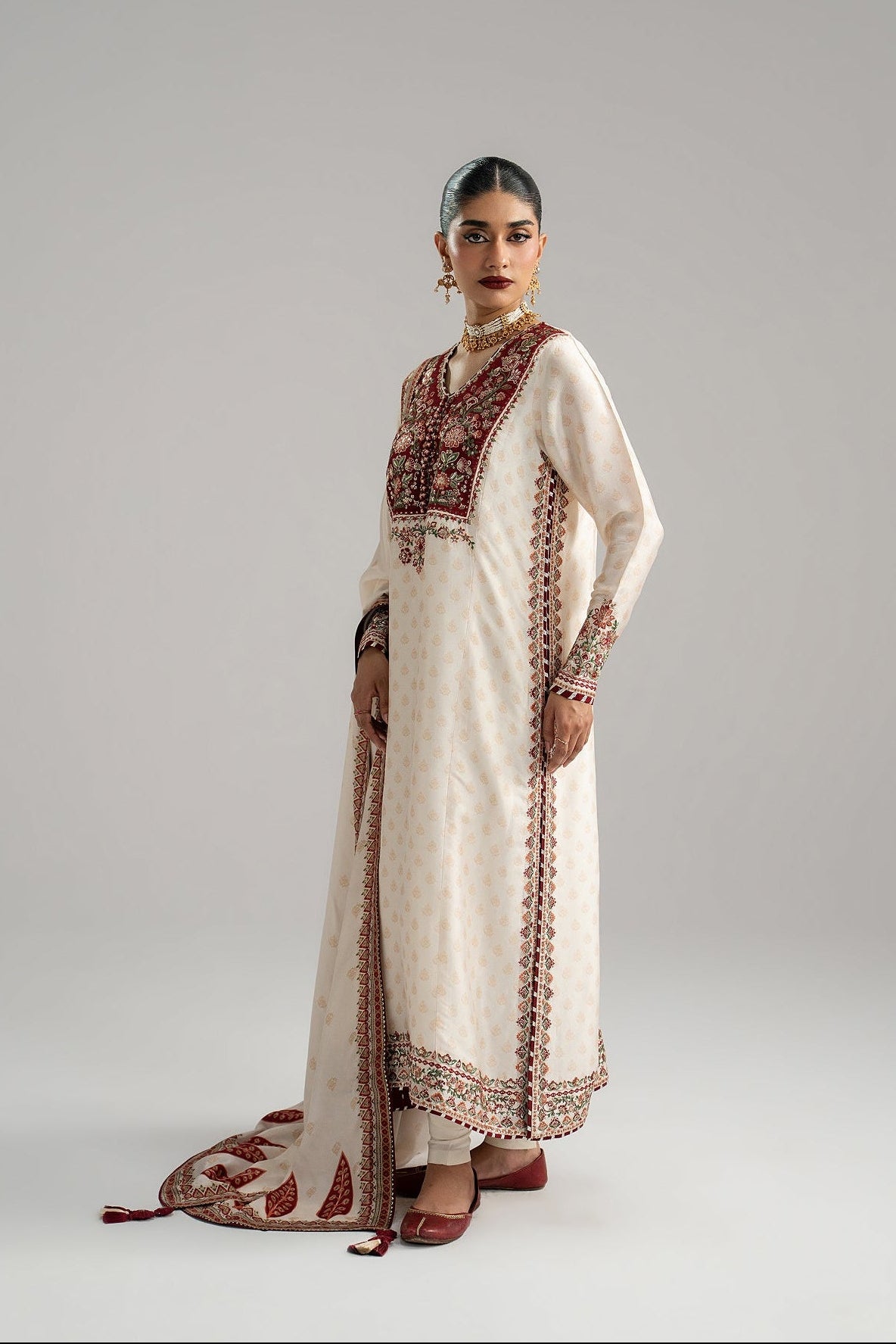 Dove Set full look — ivory kameez with contrast maroon facings and embroidered buttons