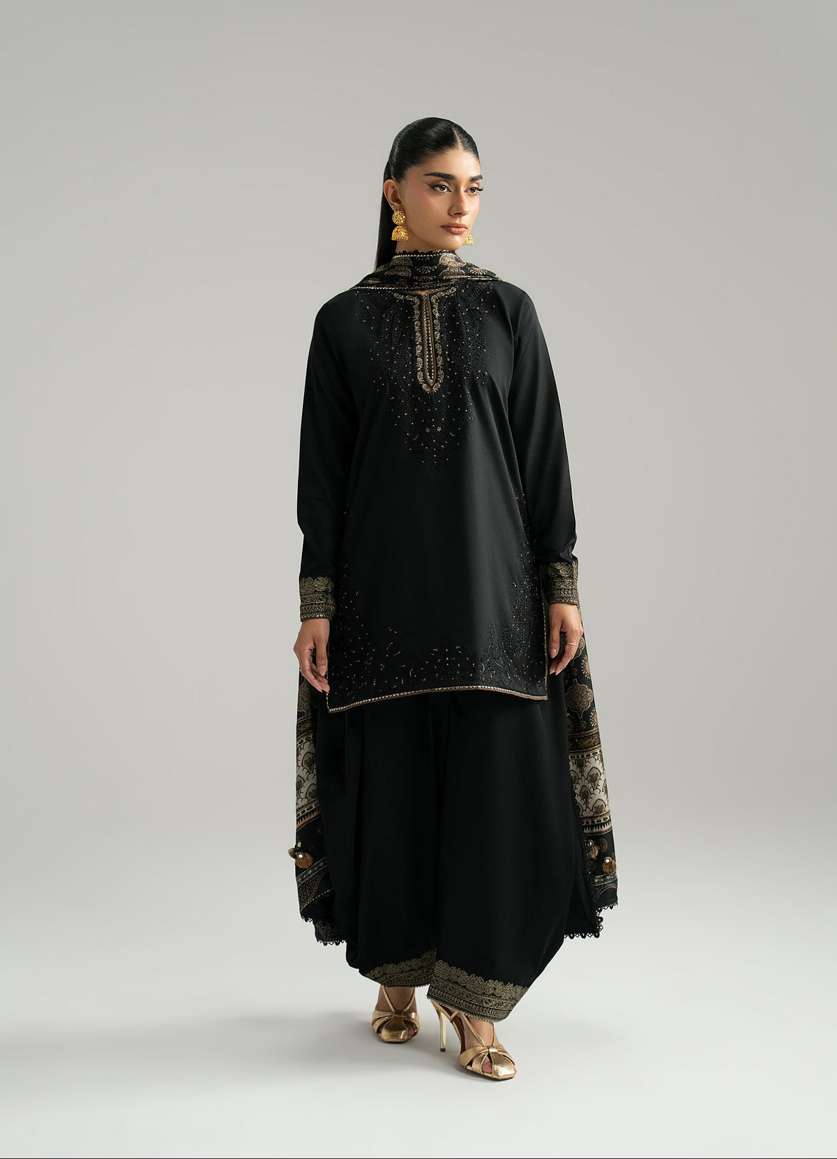 Eclipse Set — Black Tilla Embroidered Pima Cotton Kameez