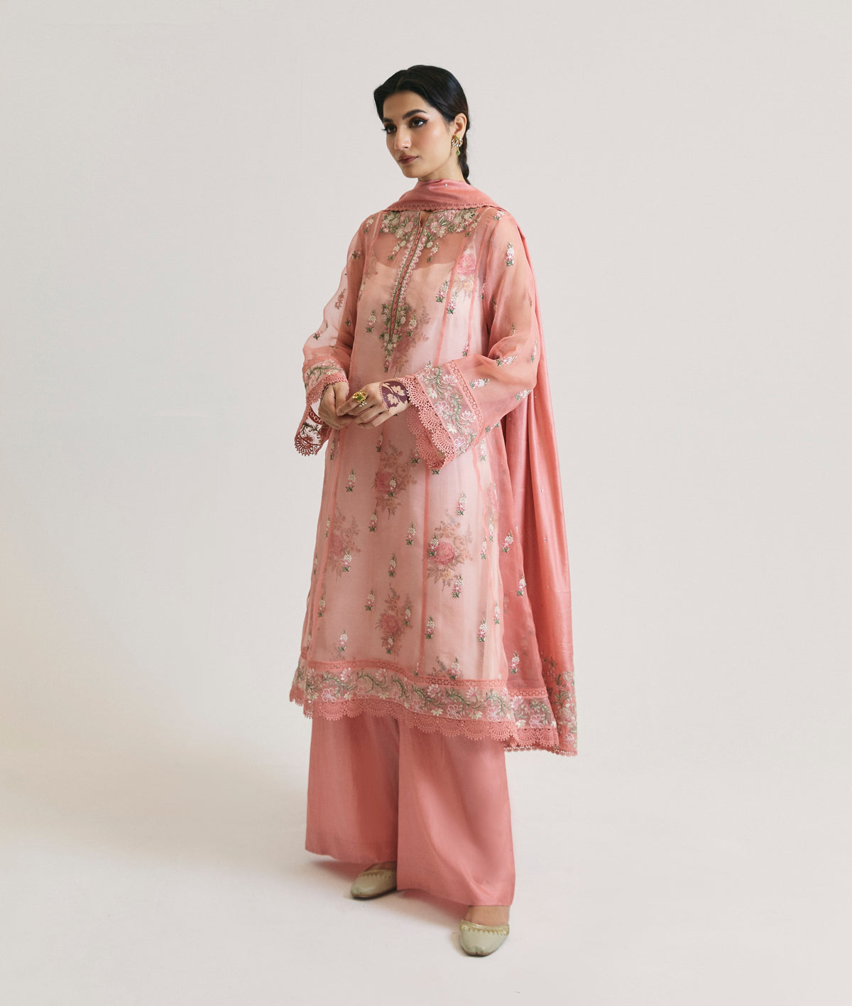 Elegant pink kalidaar close-up — kataan organza with contrast silk trousers | Mannam designer formal wear