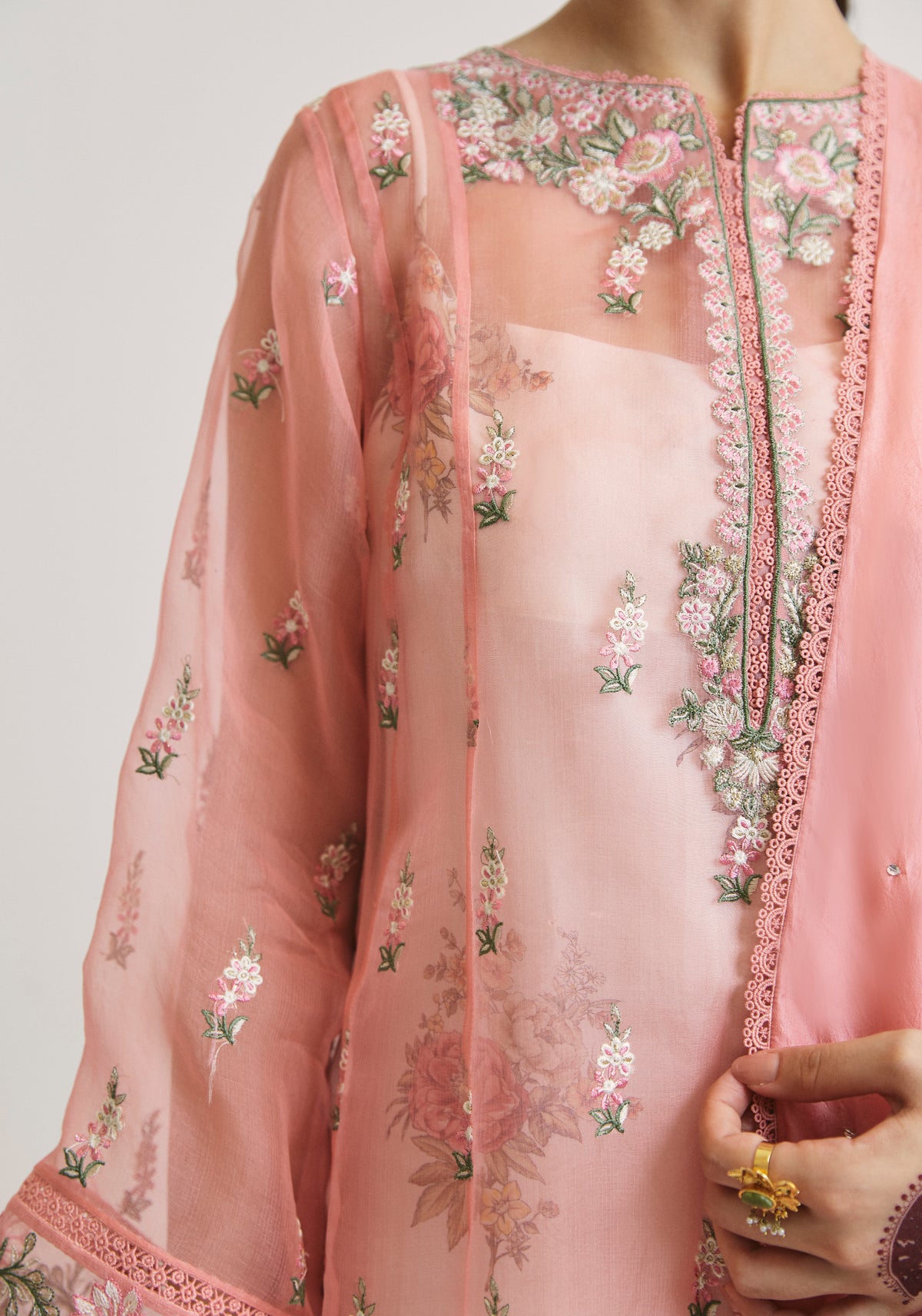 Pink organza peshwas dress detail — lace finishings and floral embroidery | Pakistani bridal occasion wear