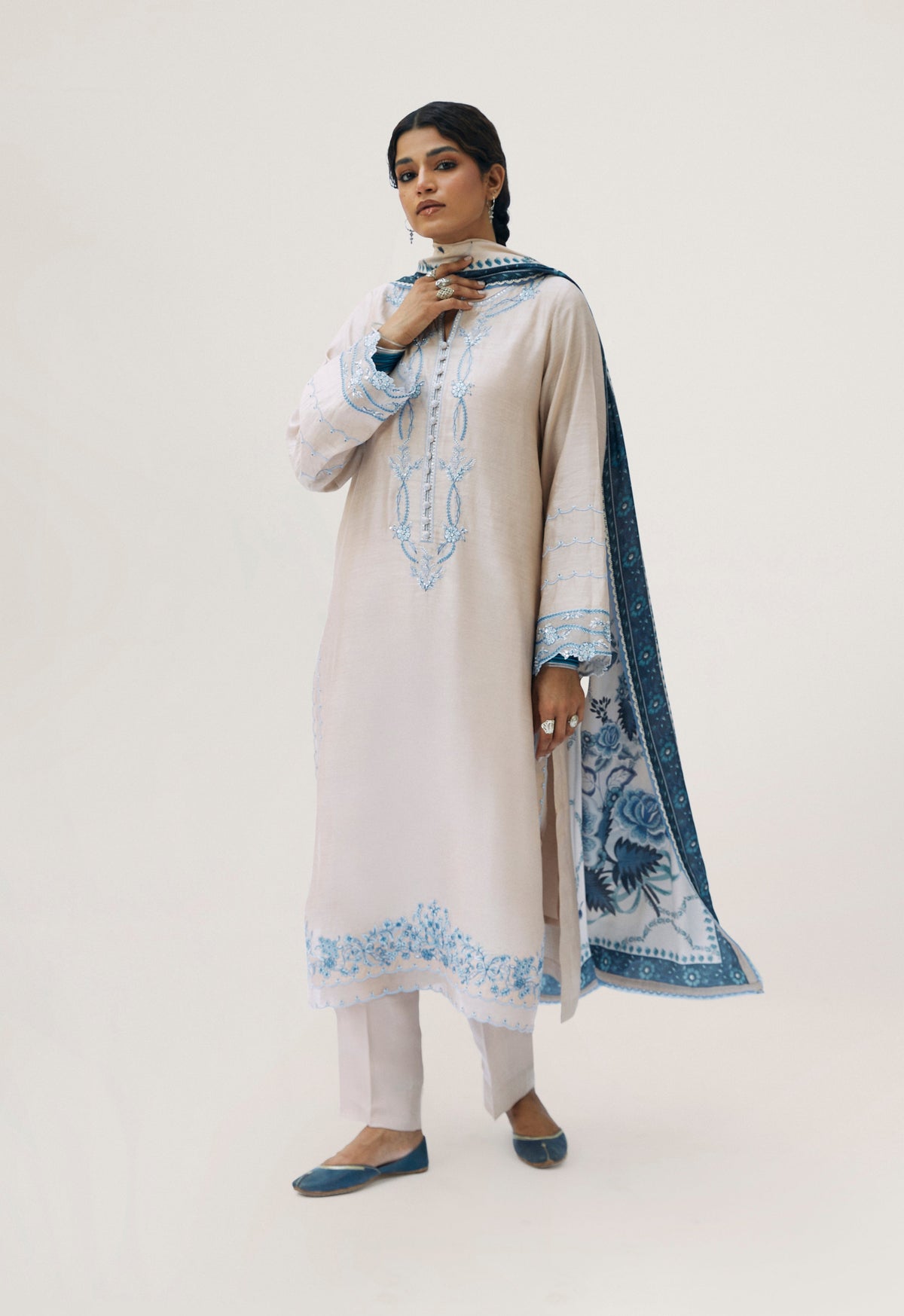 Luxury almond silk Pakistani kameez with scalloped hem, floral motifs on sleeves and pure silk trousers — traditional dress UK