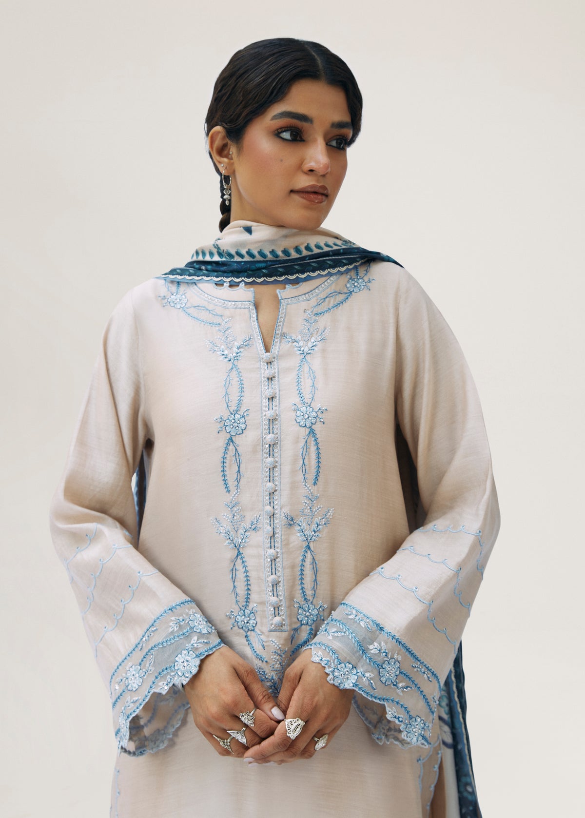 Formal embroidered almond silk Pakistani outfit — festive salwar kameez set with printed silk dupatta and lace finishings