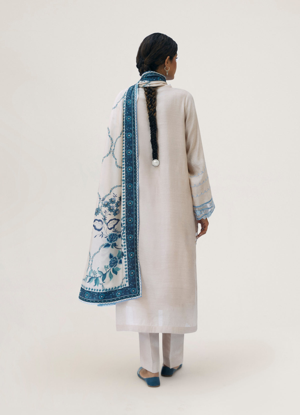 Elegant silk almond Pakistani ethnic wear — embroidered kameez with scalloped neckline and digitally printed floral silk dupatta