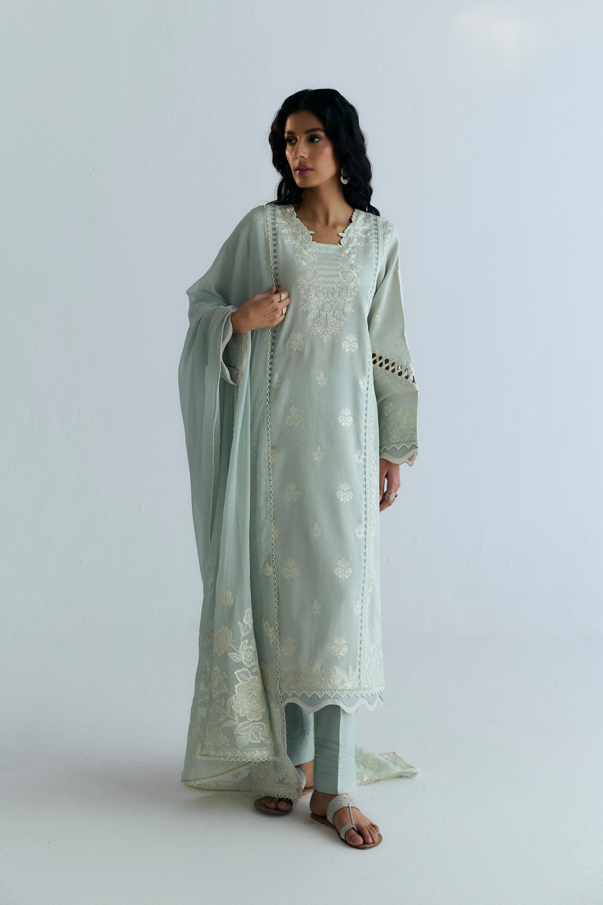 Powder Blue Set — Pakistani Pima Cotton Kameez with Cutwork Neckline & Fabric Manipulation Sleeves