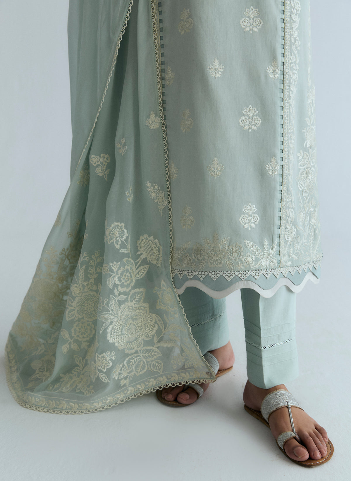 Powder blue Pakistani cotton kameez with cutwork neckline — modern South Asian eid wear with tapered trousers UK