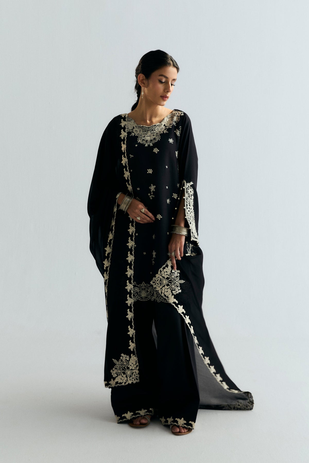 Mannam Coal Farshi Set — black Pima cotton farshi shalwar kameez with ivory threadwork and cutwork georgette dupatta, festive Pakistani wear