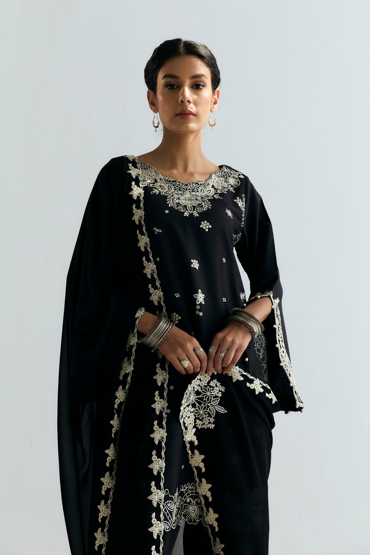 Luxury black Pakistani farshi shalwar suit with ivory embroidery and cutwork dupatta — designer dress for women UK