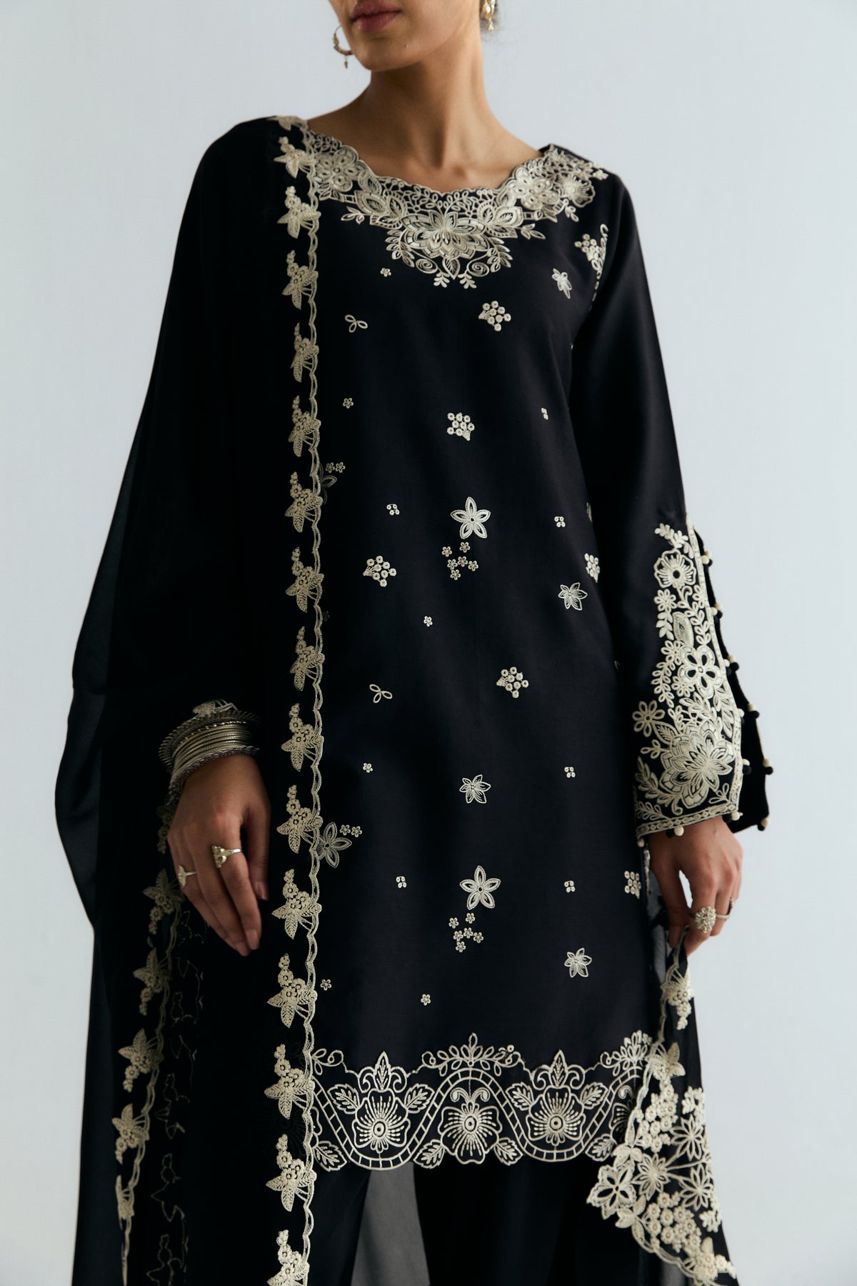 Elegant black Pima cotton Pakistani three-piece farshi kameez — formal occasion wear for South Asian women