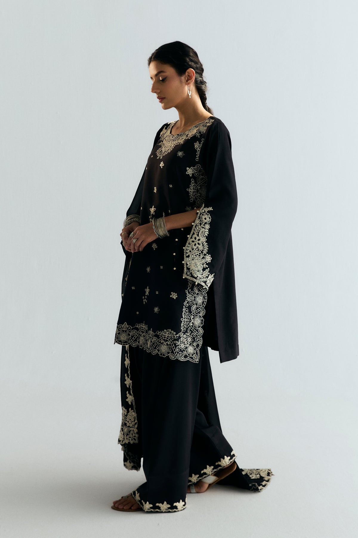 Premium black Pakistani cotton farshi shalwar suit with embroidered detailing — formal and festive dress UK
